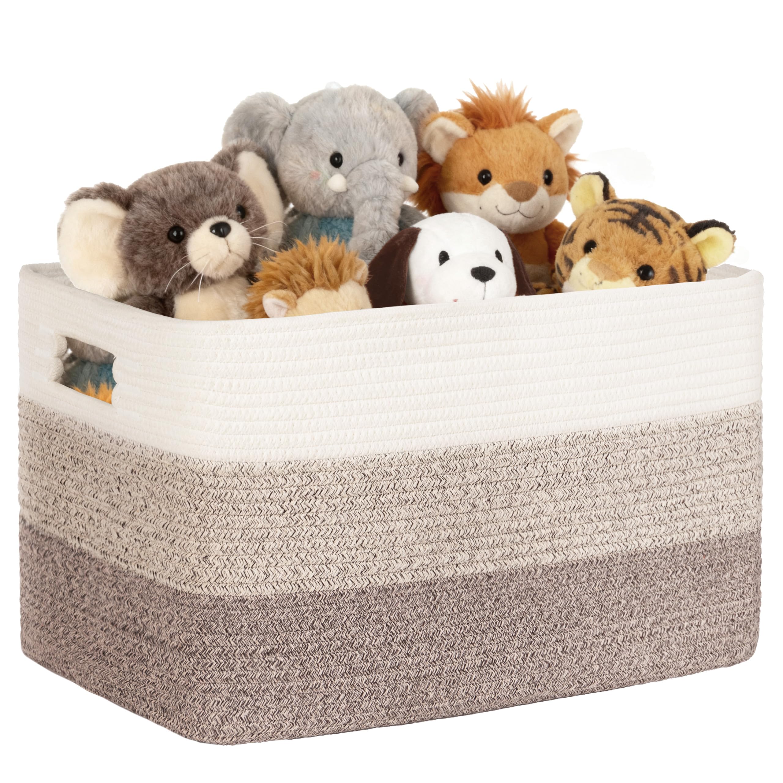 Gran organizador 72L en cuerda de algodón, cesto para juguetes, mantas, ropa, trenzado con asas, recogedor de ropa de tela para decoración de habitación infantil o salón, degradado marrón