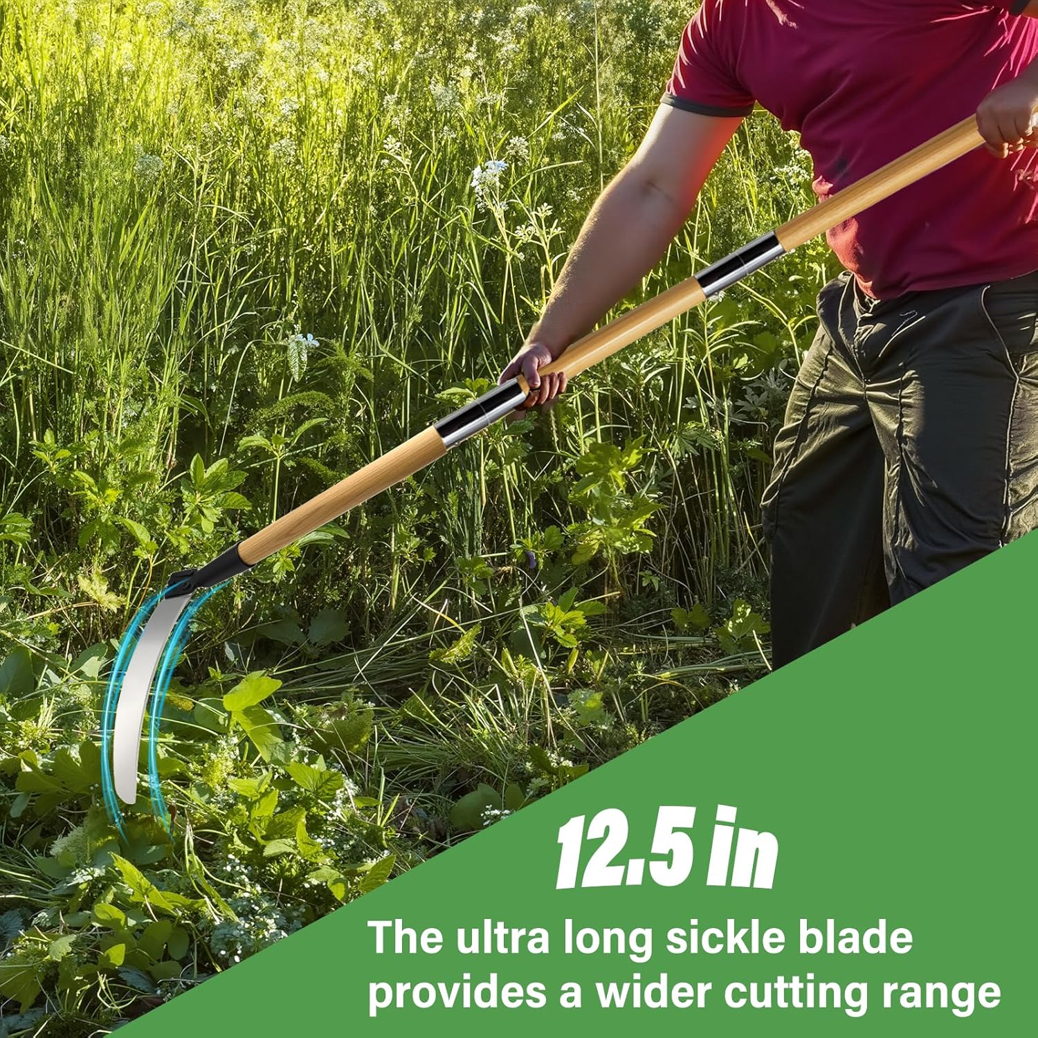 Solid Wood Long Handle Weeding Sickle, 32cm Extended Blade for Efficient Weed & Brush Clearing, 3-Section Adjustable Length, Heavy Duty Gardening Tool for Yard, Garden, Field and Ditch