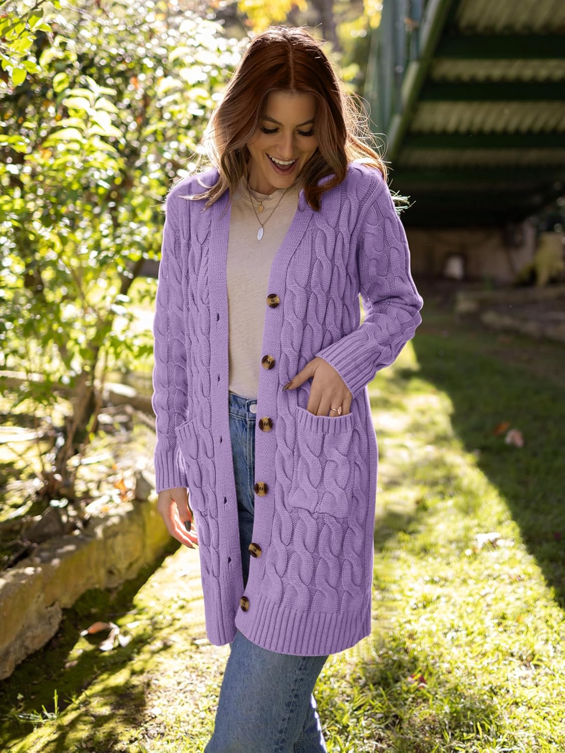 PRETTYGARDEN Long Sleeve Cable Knit Long Cardigan for Women 2026 Spring Winter Chunky Open Front Button Sweaters with Pockets - Image 5