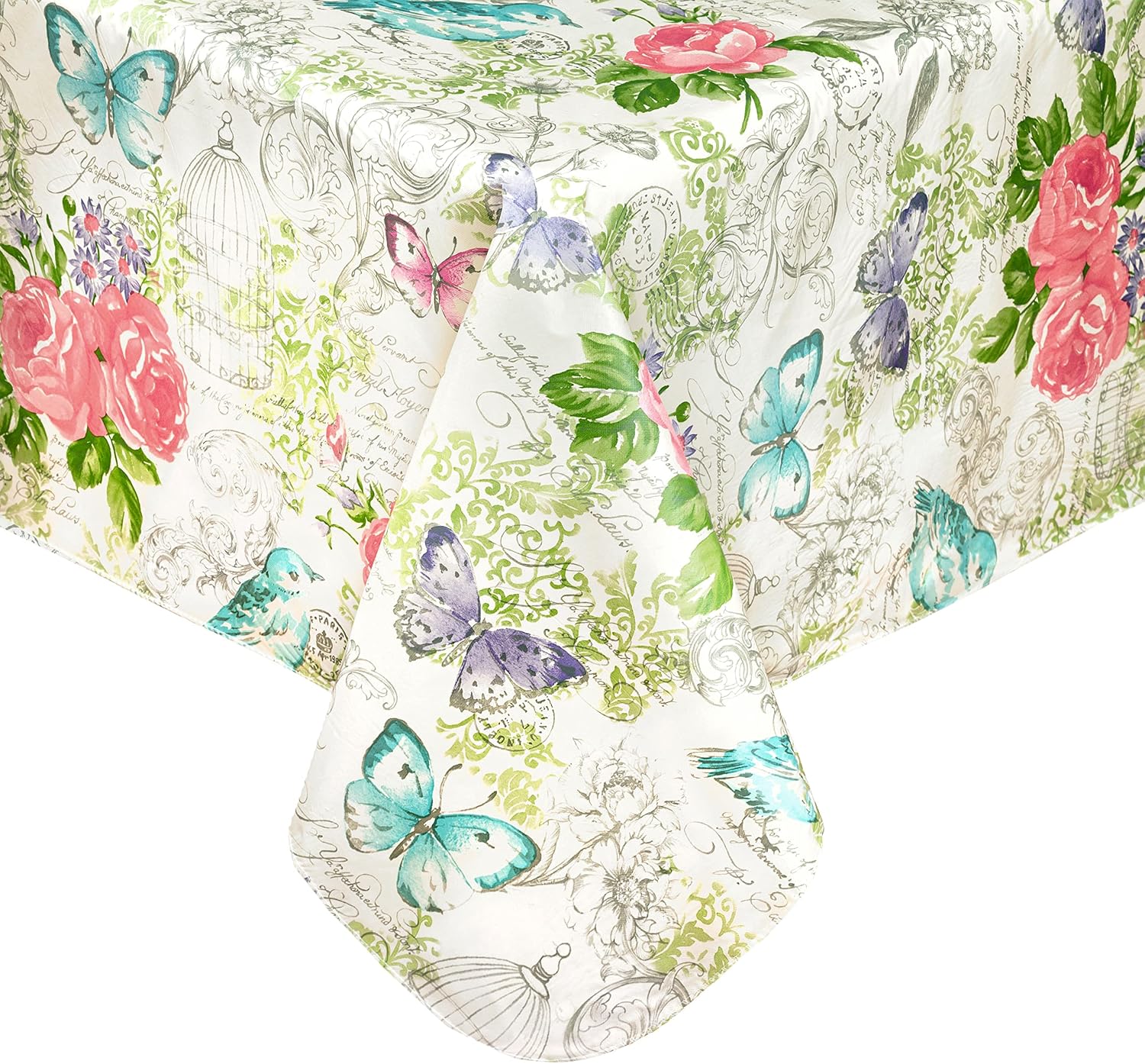 Newbridge Victoria Easter Pastel Rose Floral Vinyl Flannel Backed Tablecloth - Roses and Butterfly Spring French Country Print Vinyl Tablecloth with Flannel Backing, 60” x 102” Oblong/Rectangle