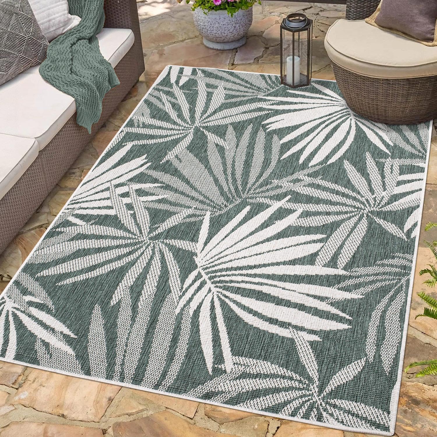 carpet city Outdoor Teppich Wetterfest 200x290 cm - Creme-Grün - Wendeteppich, Beidseitiges Florales Muster - Balkonteppich Wasserfest Outdoor - Terrassenteppich