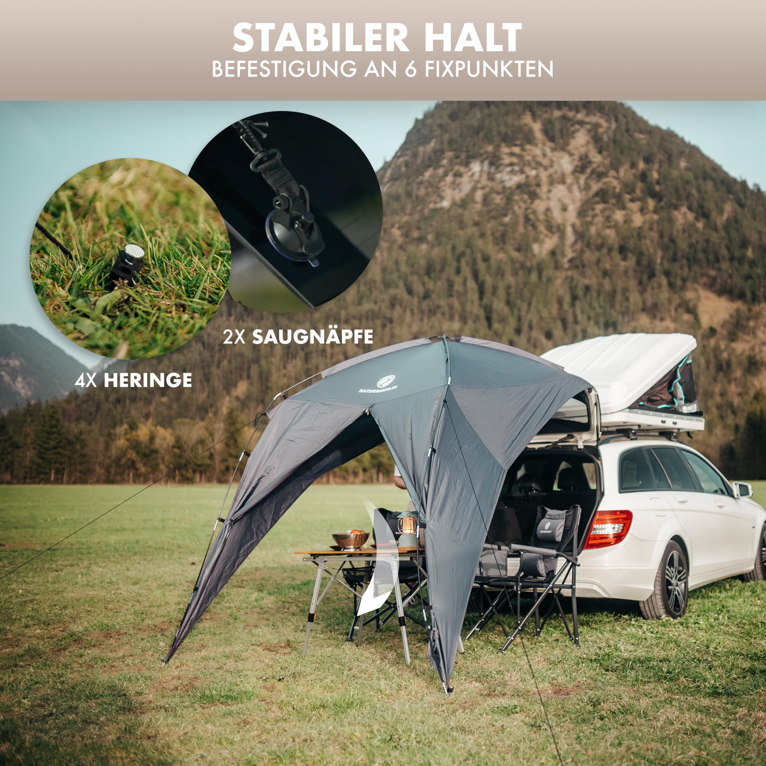 NATURBUMMLER Heckzelt Auto [UV50+ & wasserdicht] Heckklappenzelt für SUV, Van & Kombi – Autozelt mit Saugnäpfen & Reißverschlusstür (2m Stehhöhe) – ideal für Camping & Reisen (Grün)