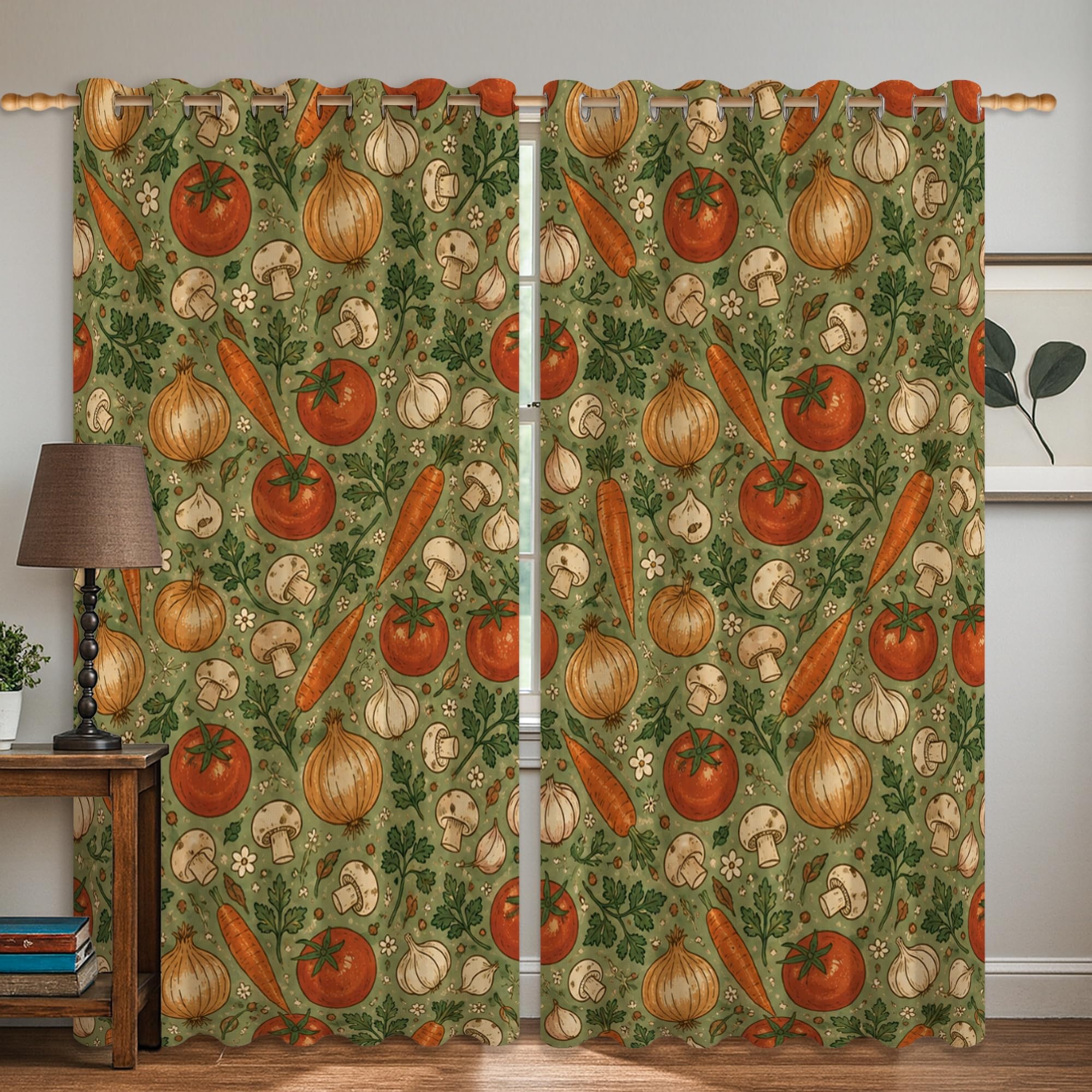 Rideaux occultants lavables verts motif tomate carotte 106x160