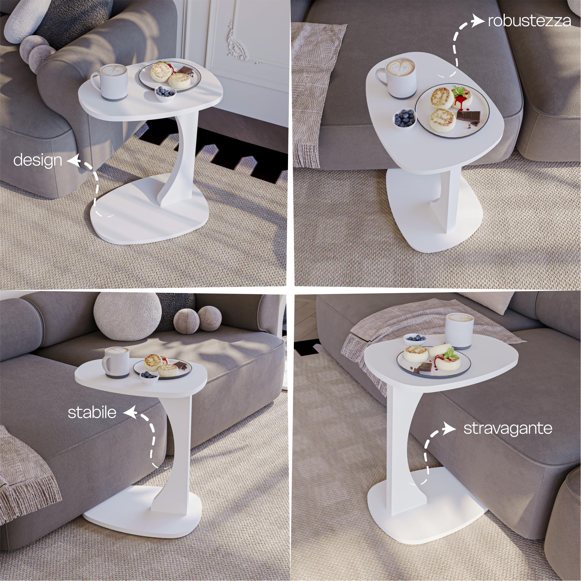 sugodesign Tavolino da salotto con ruote, piccolo tavolino a forma di C in stile bianco, piccolo tavolino da salotto ideale per computer portatili, tazze – Norma