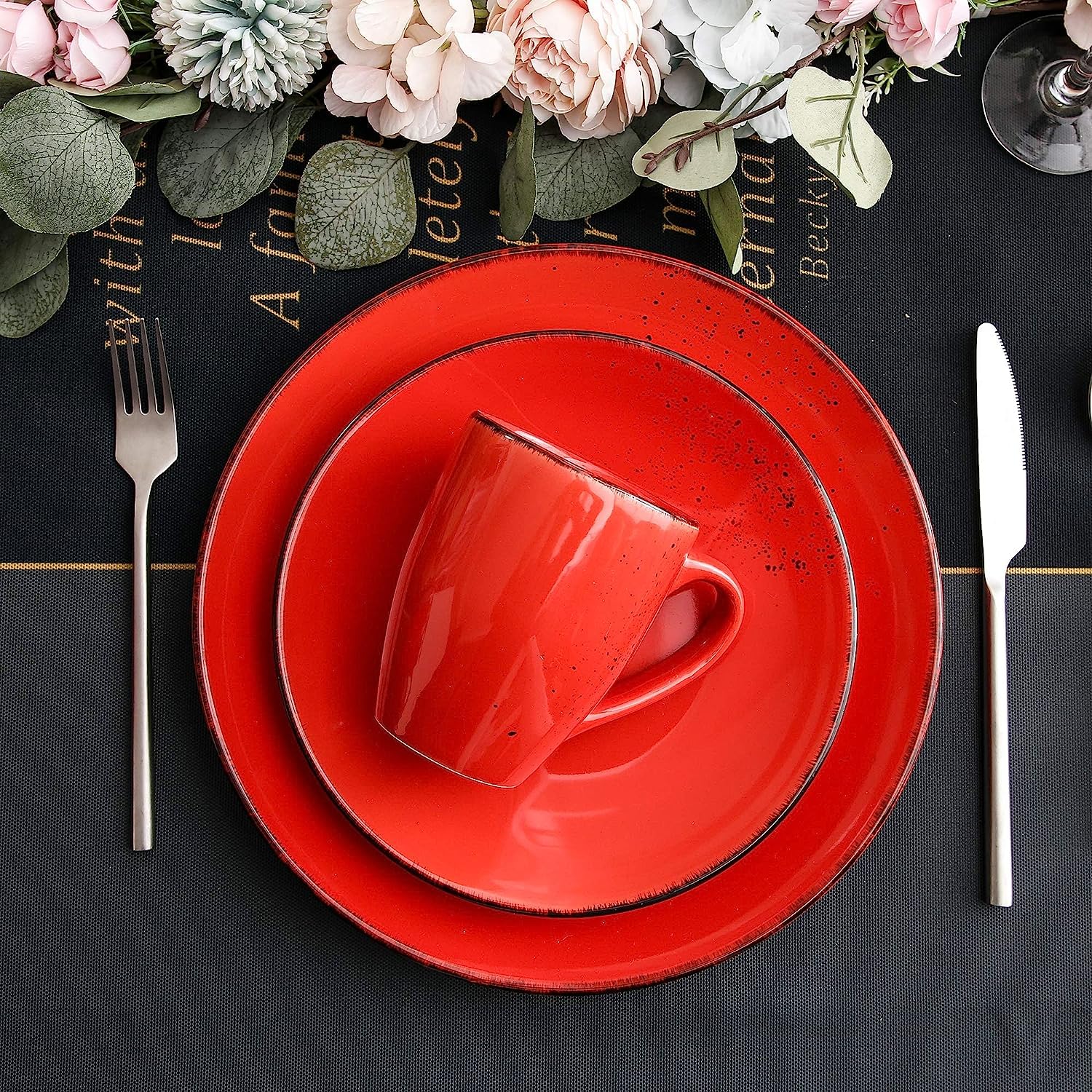 Prezenty Kubek ceramiczny Navia Zestaw 4 kubków do kawy z tropikalną herbatą, kamionka, bardzo duża kawa, herbata, gorące kakao Kubki do kawy, nowoczesne ceramiczne kubki do picia, czerwony, 350 ml/12