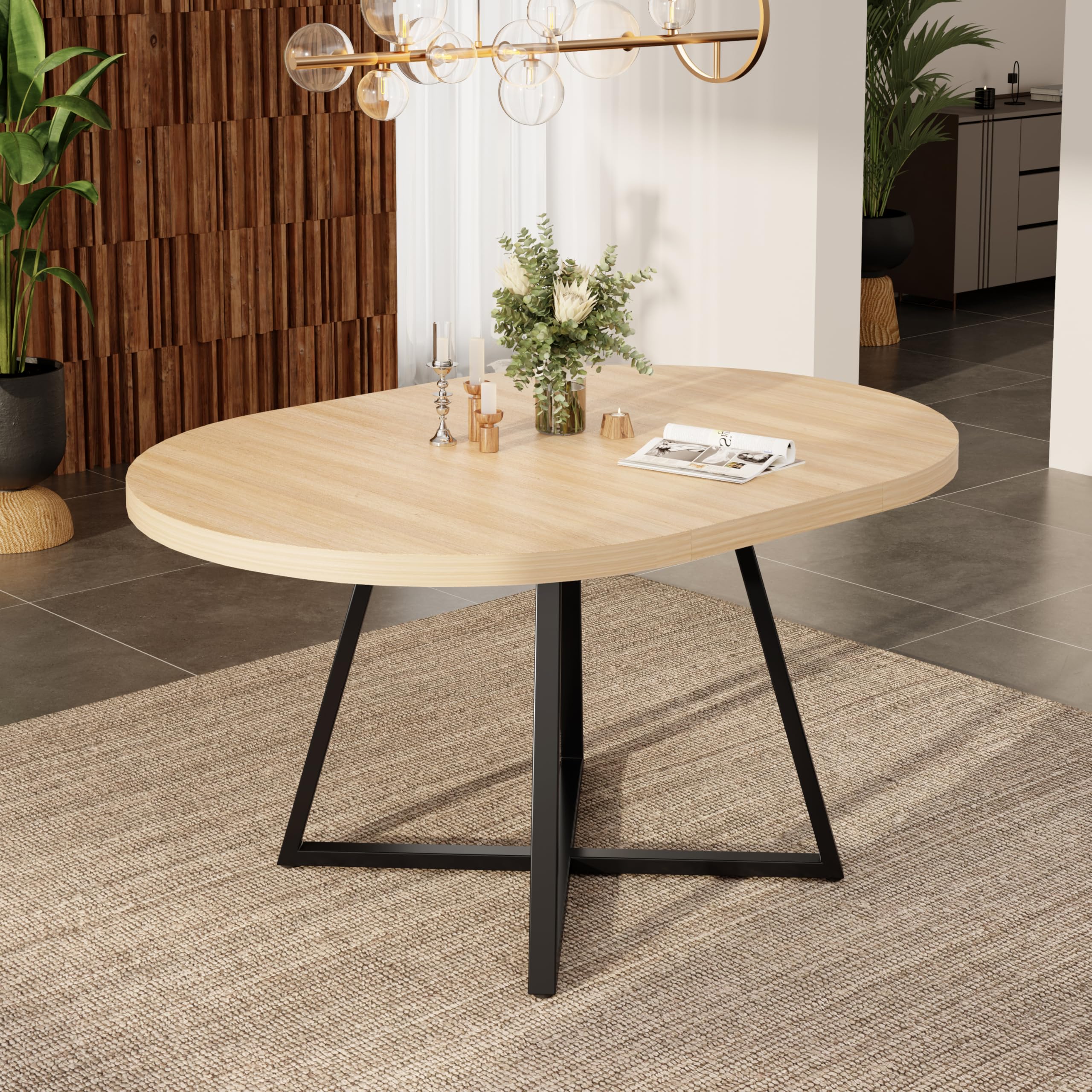 Okrągły wysuwany stół do jadalni 100/140 x 100 cm dla 4-6 osób, blat stołu MDF o grubości 3 cm ze stabilnymi metalowymi nogami, zajmuje mało miejsca do jadalni, kuchni, salonu (wygląd dębu)