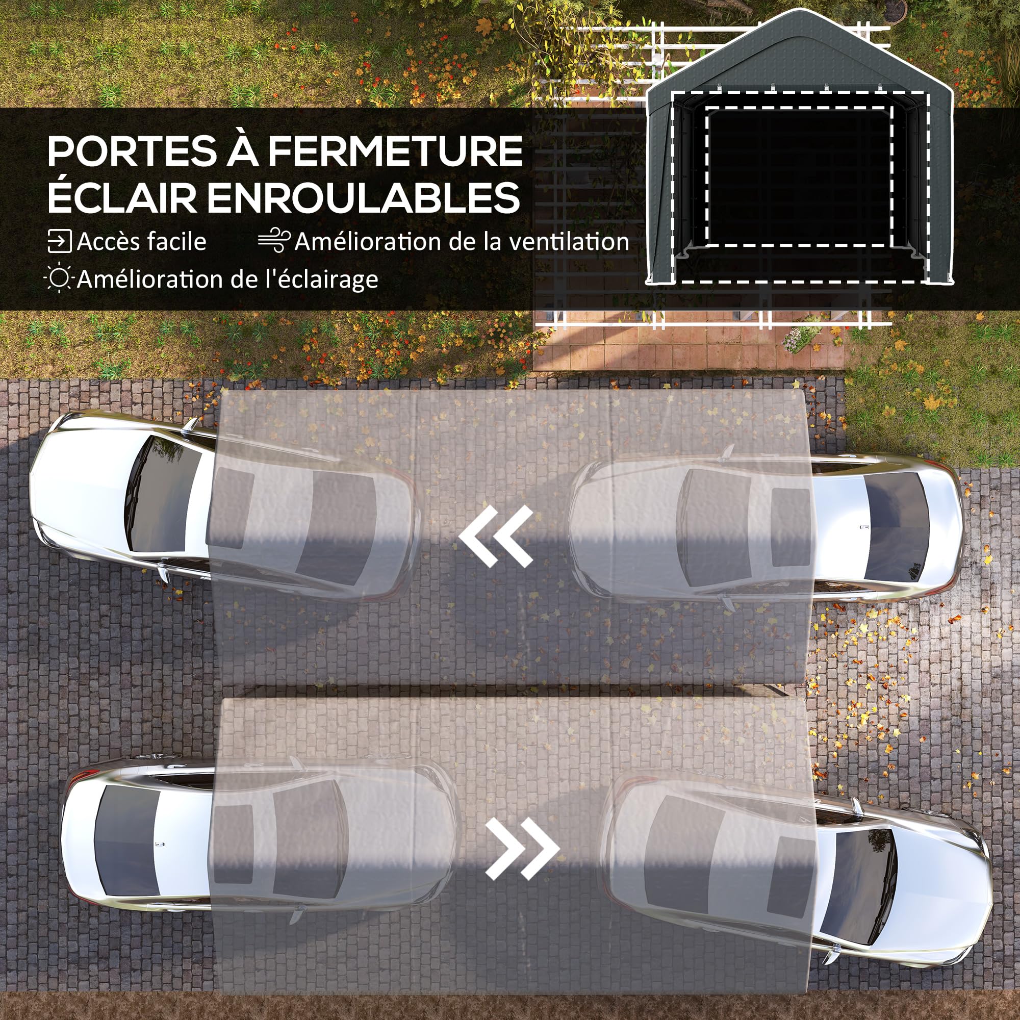 Outsunny Carport tenda da garage 3 x 6 m, tettoia per auto all'aperto, tenda di stoccaggio con pareti laterali rimovibili e 2 porte con cerniera avvolgibili, tettoia per auto, camion, barca, grigio