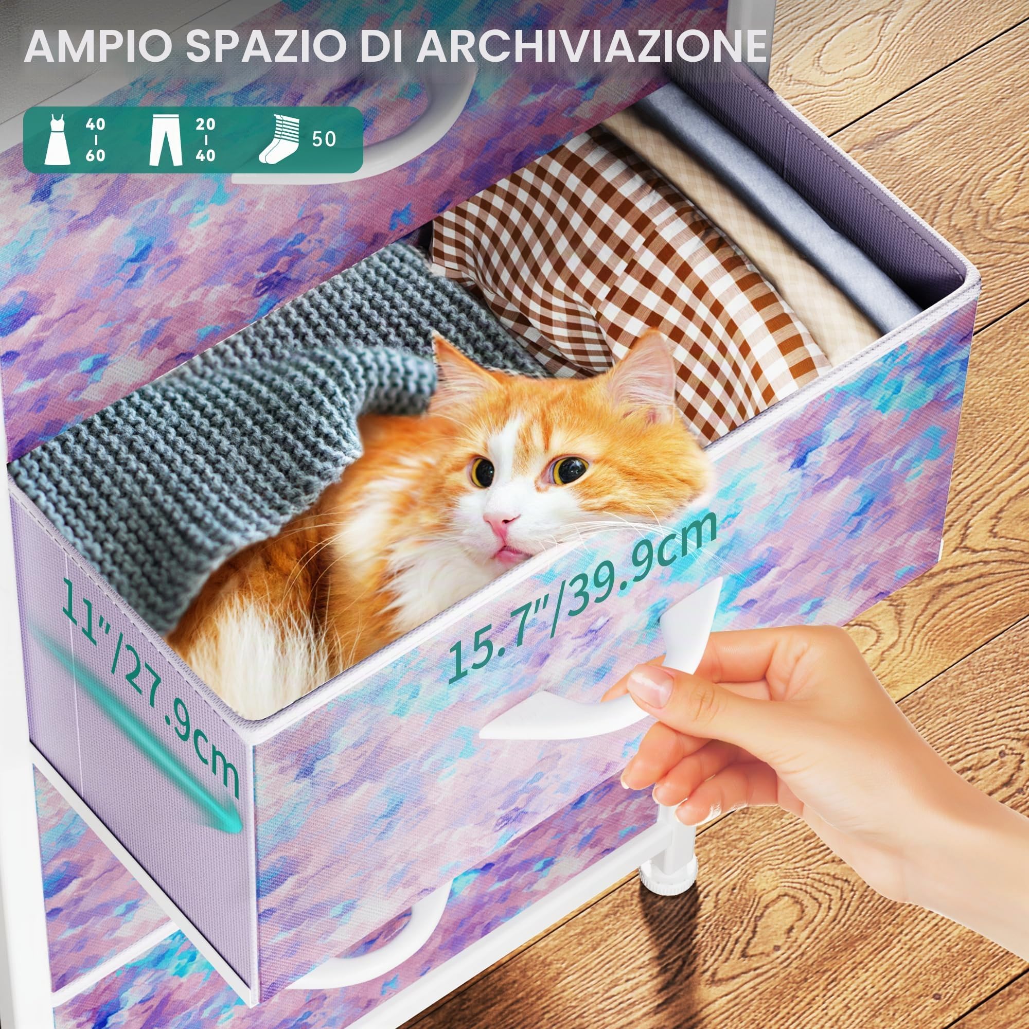 YITAHOME Cassettiera in tessuto,Armadietto con 4 Scomparti,Tiretti Pieghevoli in Tessuto,Struttura in Acciaio,Stampa Viola