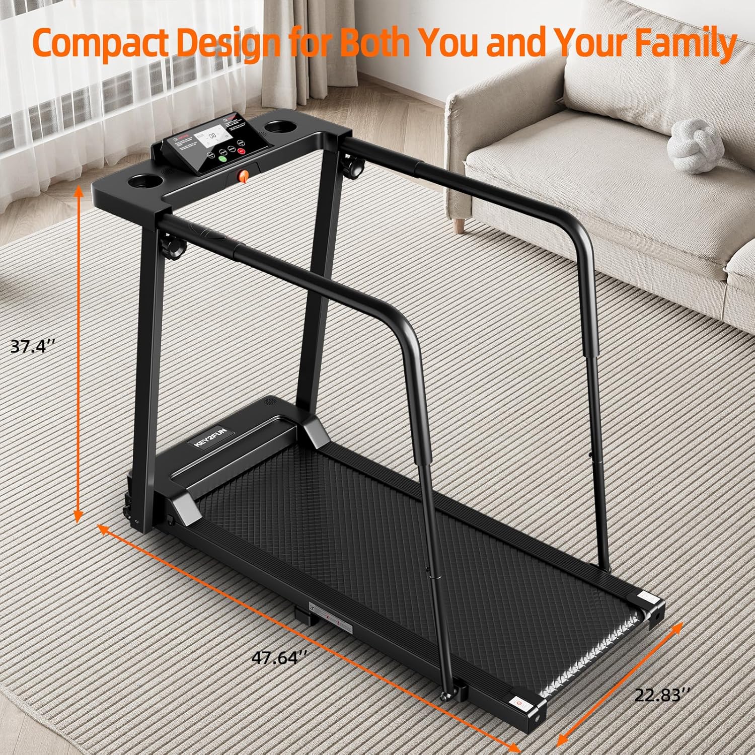 KEY2FUN Walking Treadmill with Long Handrail for Balance, Recovery Fitness Exercise Machine, Treadmills for Home with Holder for Phone & Cup, 300 lbs Capacity, with LCD Display