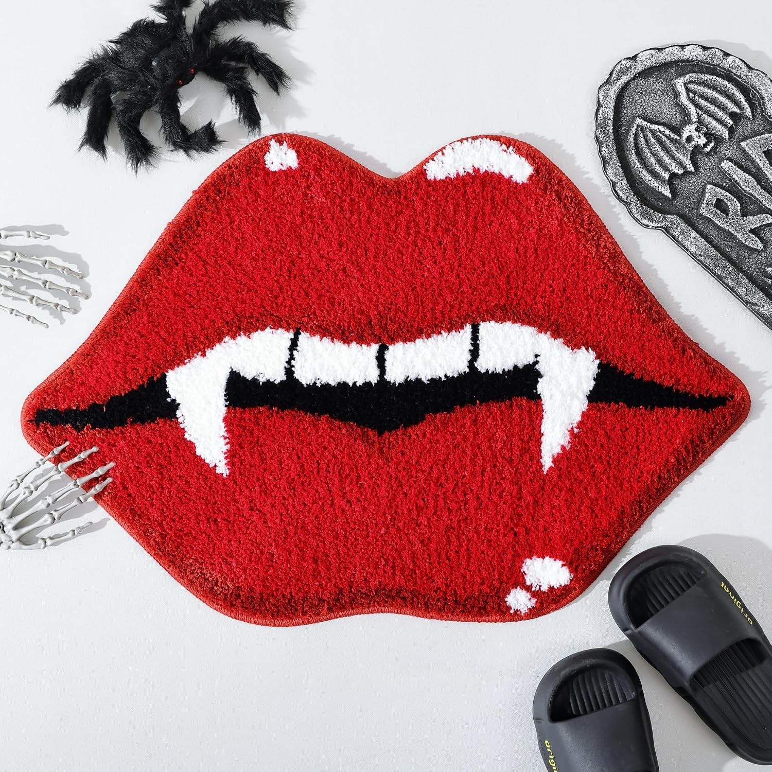 TRUEDAYS Halloween Bath Mat Evil Red Lip Halloween Bathroom Decor Rug Cute Fun Spooky Non Slip Absorbent Shower Rug for Bathroom, Bedroom, Living Home | Vampire Lips Design, Gothic Halloween Decor, Soft Tufted Surface, Non Slip TPR Backing, Water Absorbent