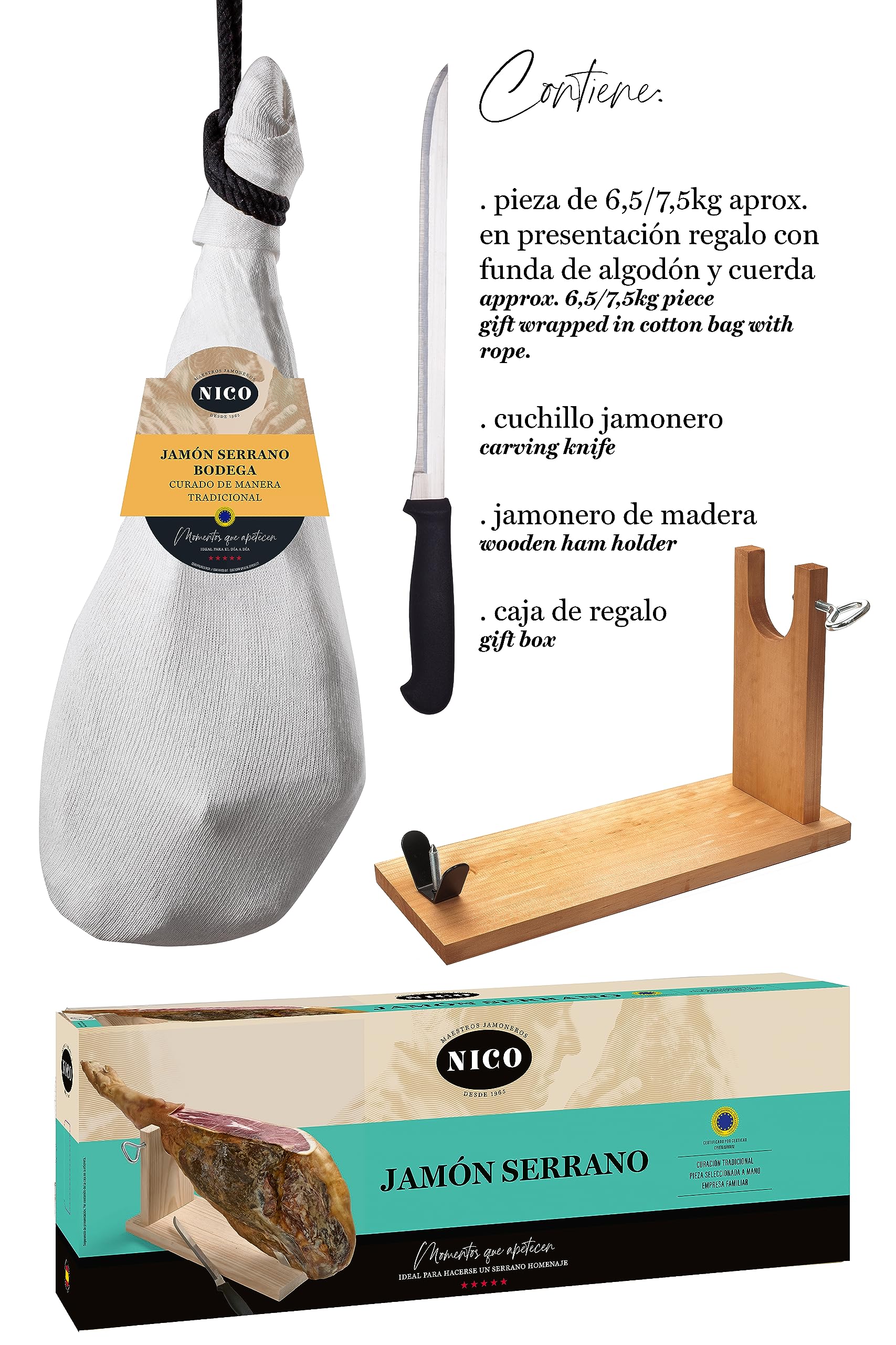 NICO JAMONES - LOTE de JAMON SERRANO BODEGA. Inlcuye JAMONERO, CUCHILLO y CAJA de presentacion. Jamon de aproximadamente 6,5 kg con una curación de más de 9 meses