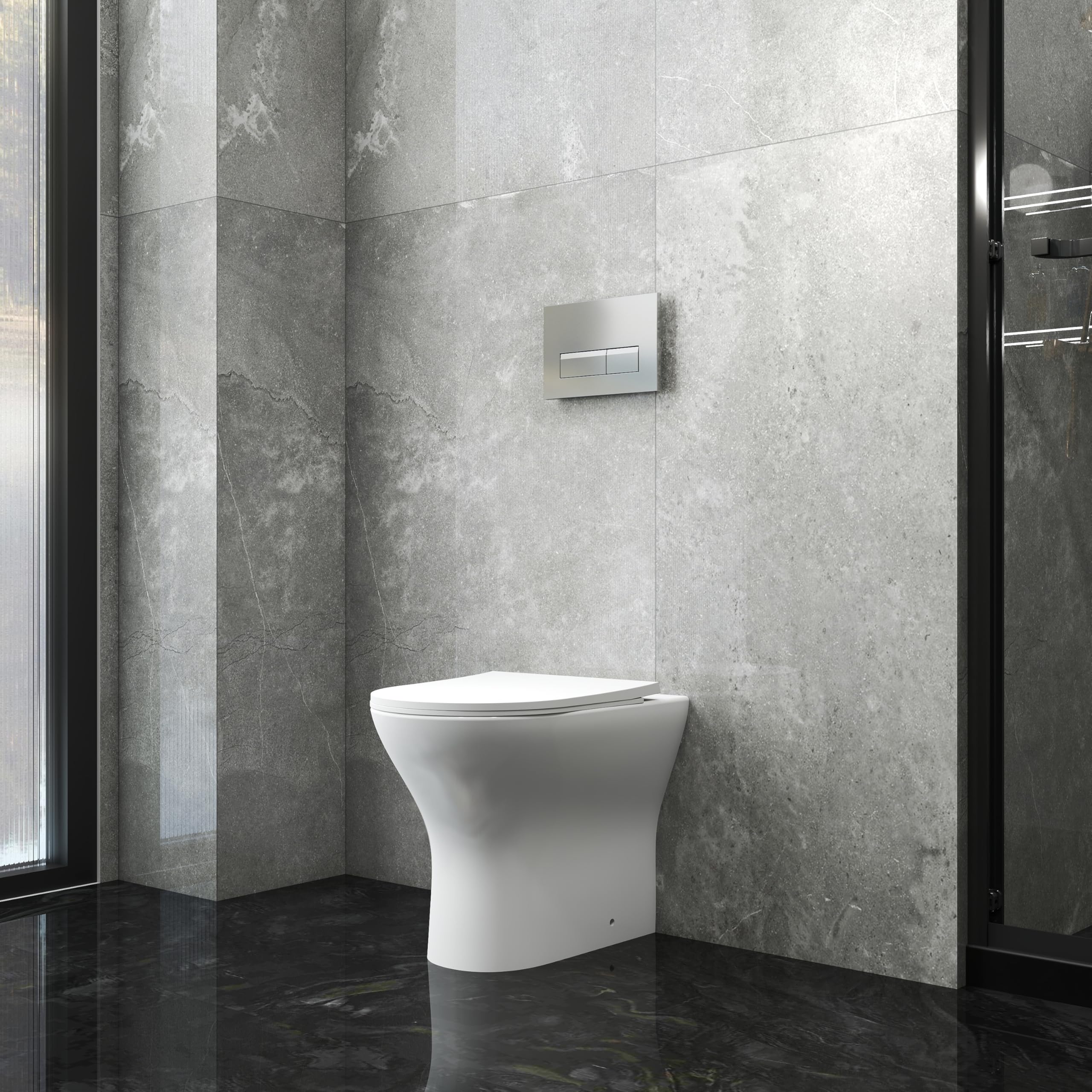 Bathroom Back to Wall BTW Toilet Round Pan Slim Soft Close Seat Space Saving Cloakroom Modern White Ceramic WC