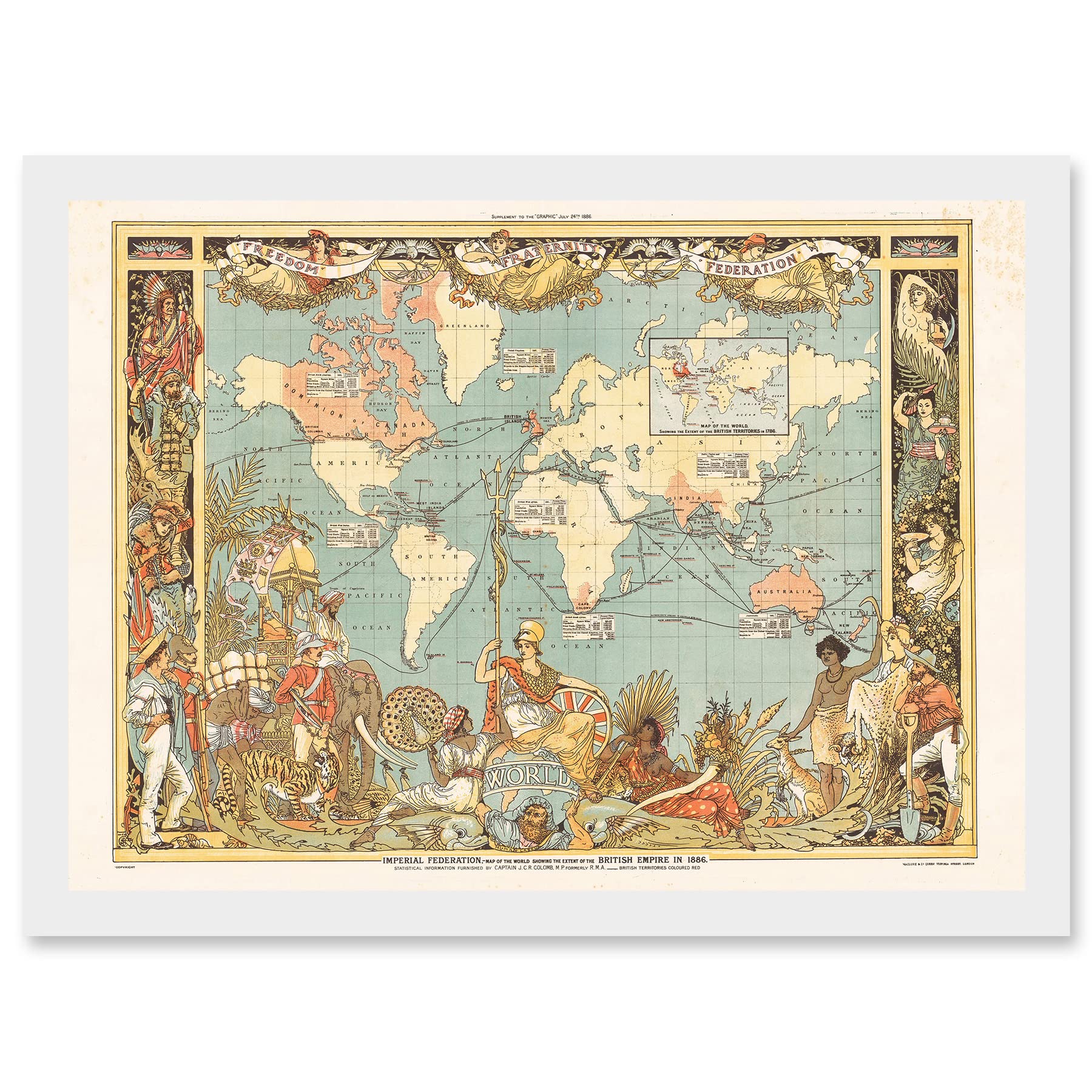 Artery8 Crane 1886 Pictorial Map British Empire World Colonial Brittania Artwork Framed Wall Art Print A4