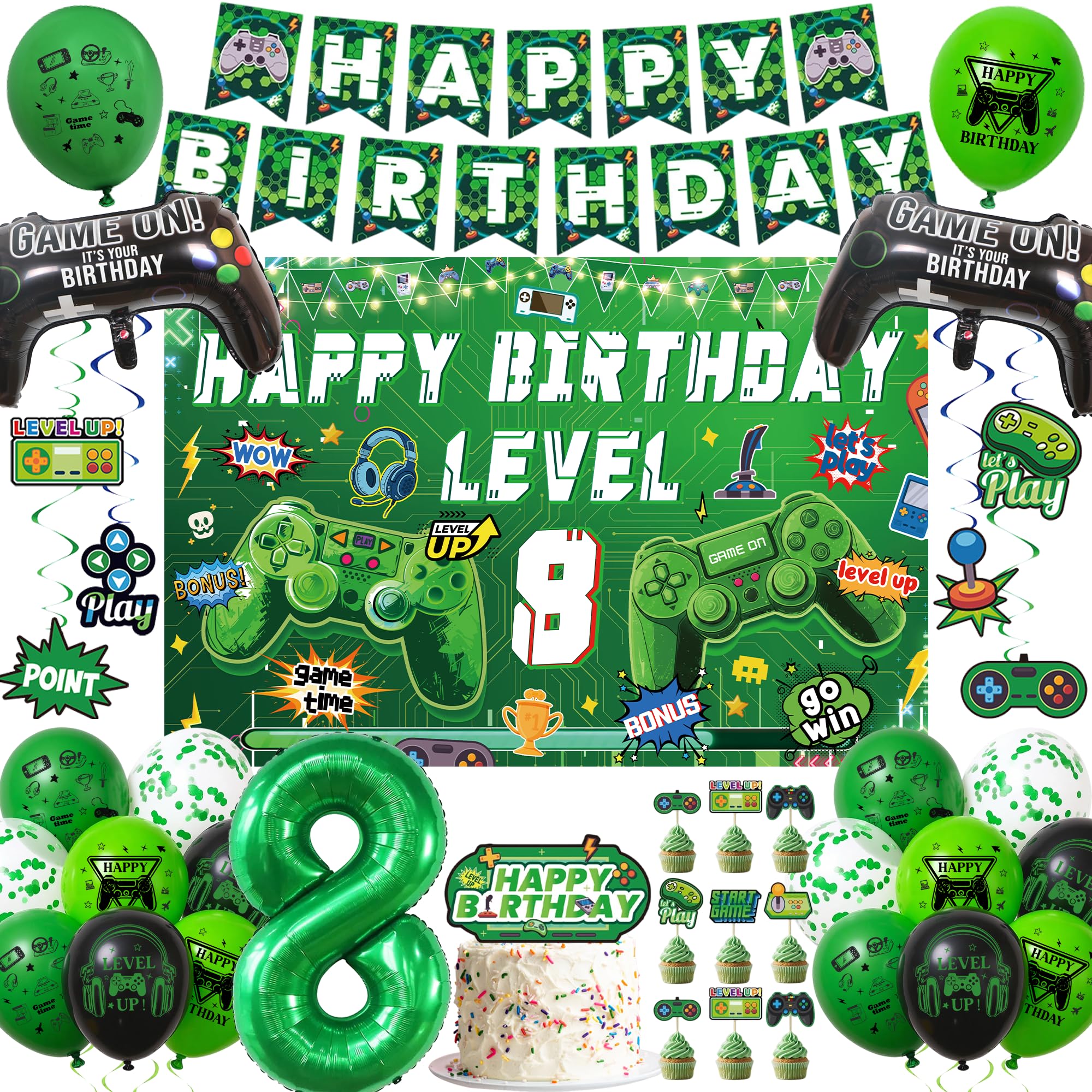 Video Game 8th Birthday Decorations, Happy Birthday Level 8 Banner