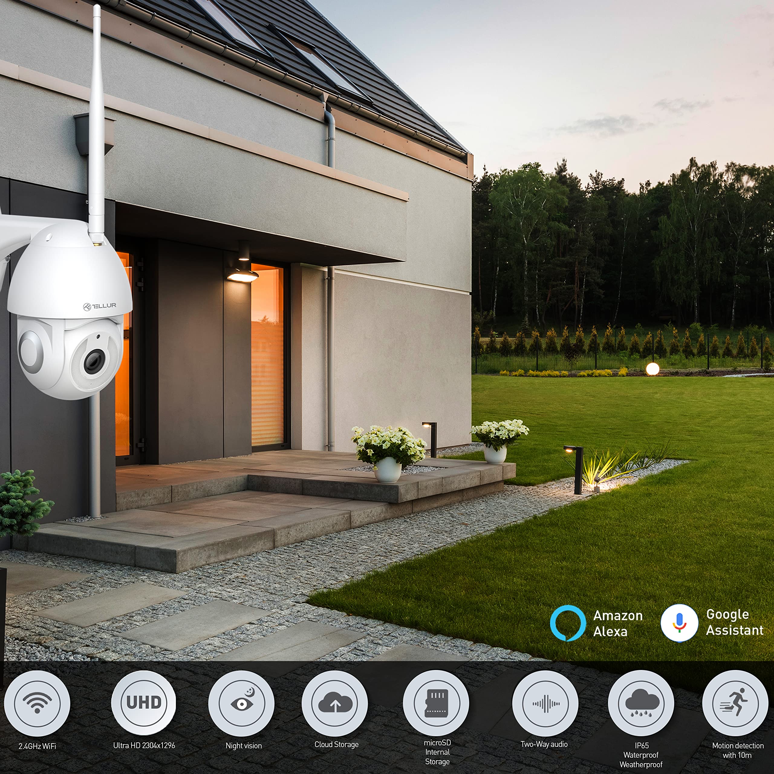 Tellur Smart Wlan Überwachungskamera Alexa, Automatisches Tracking, Wlan-Außenkamera, 2K UHD, PTZ 350, Farbnachtsicht, App und Sprachsteuerung
