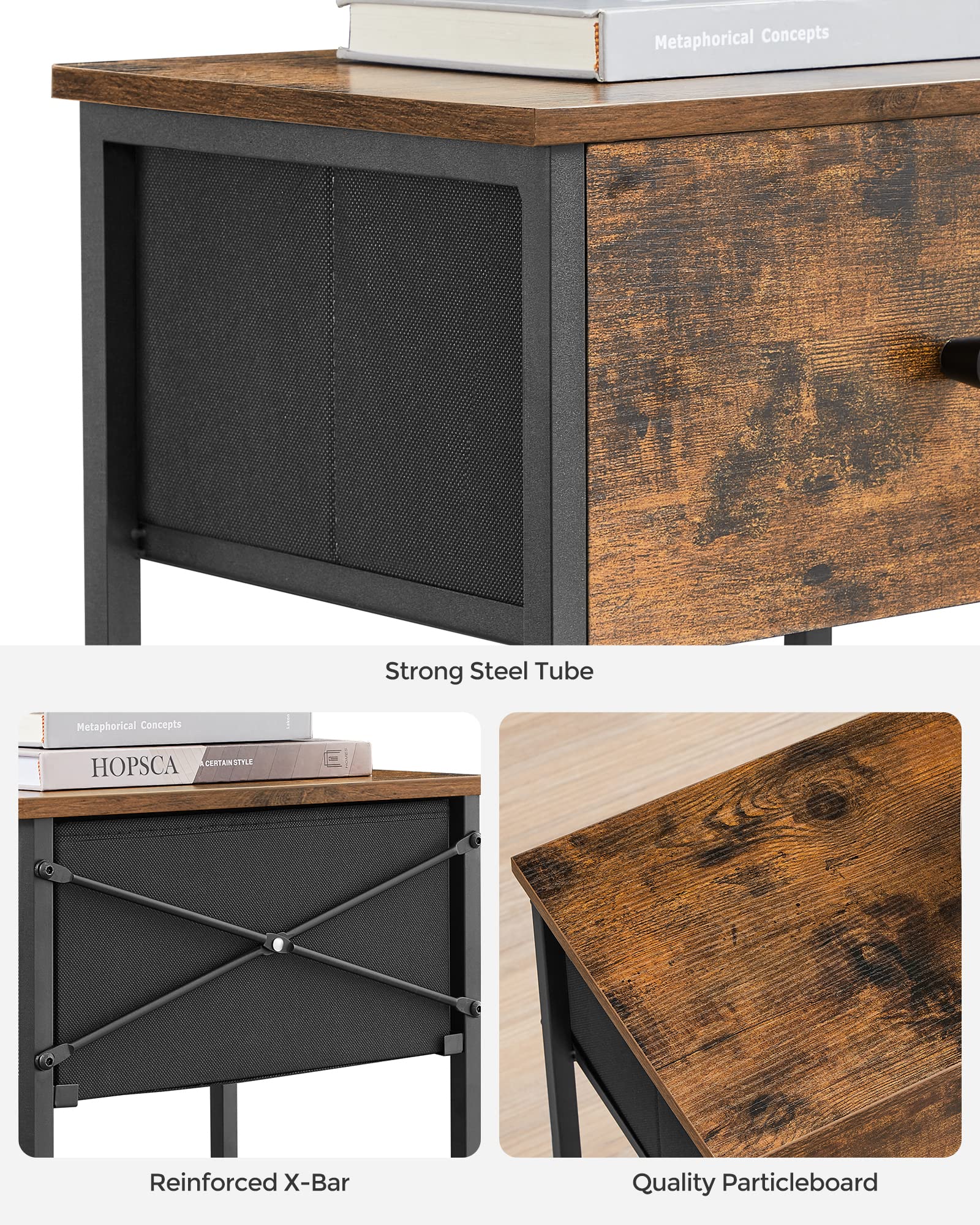 VASAGLE Comodino, tavolino alto 61 cm con cassetto in tessuto e ripiano portaoggetti, per soggiorno, camera da letto, truciolare, acciaio, non tessuto, marrone rustico, 11 x 15 x 24 cm