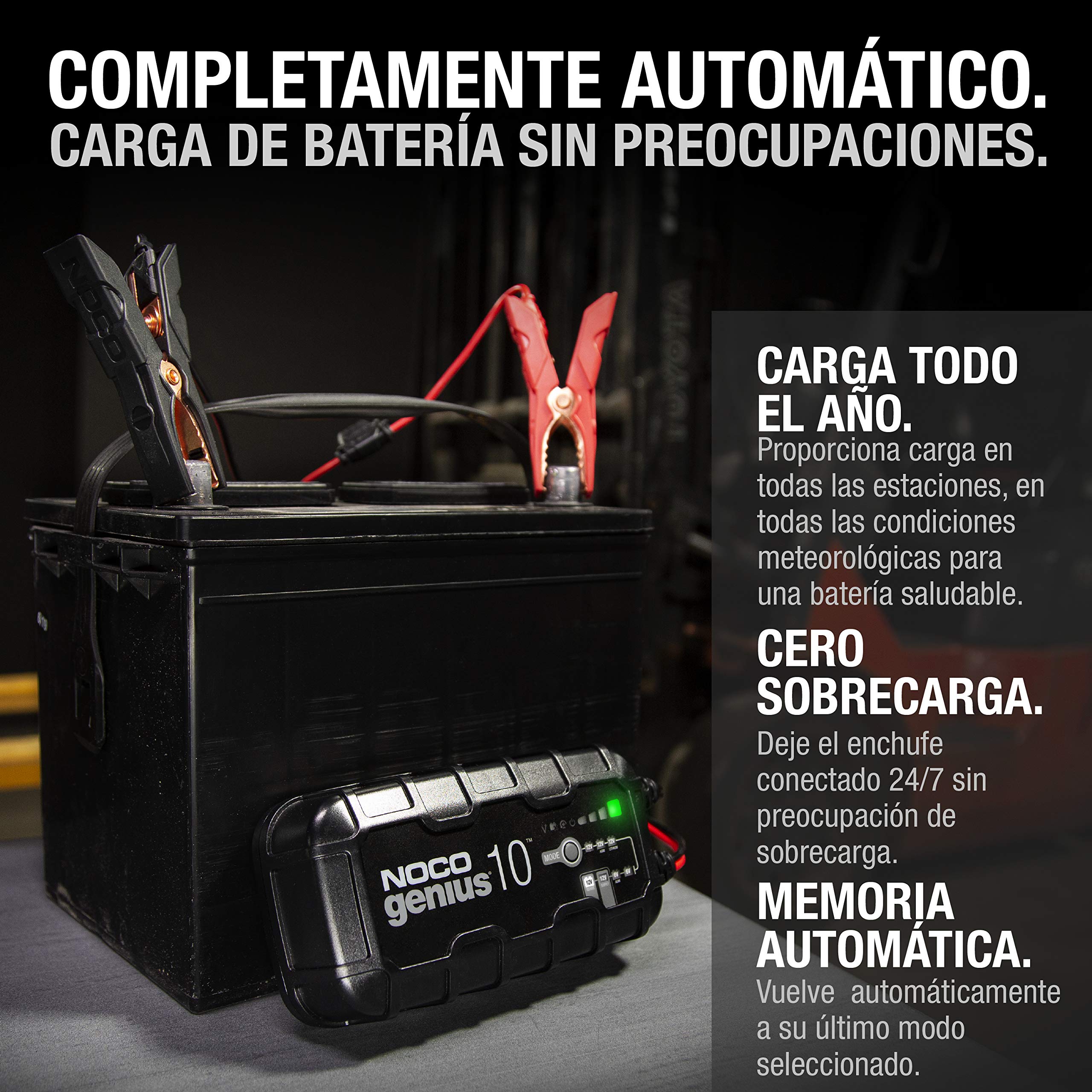 NOCO GENIUS10: Cargador Inteligente de baterías 10A 6V/12V – Mantenedor automático y desulfatador – Protección contra sobrecarga y compensación térmica – para baterías de Plomo y Litio
