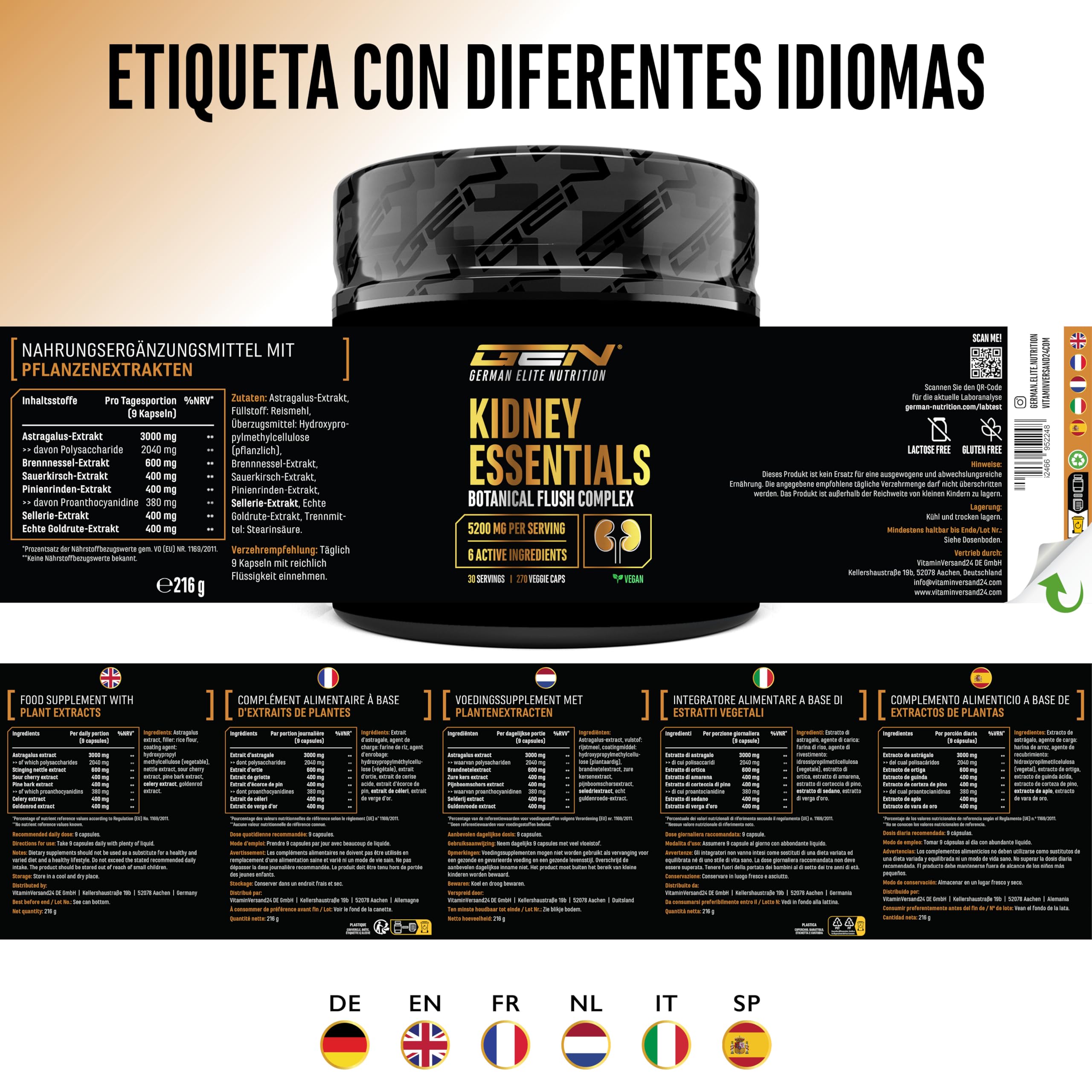 Kidney Essentials - 270 cápsulas - complejo Botanical Flush de alta dosis con extractos de astrágalo, ortiga, cereza ácida, corteza de pino, apio y vara de oro - vegano