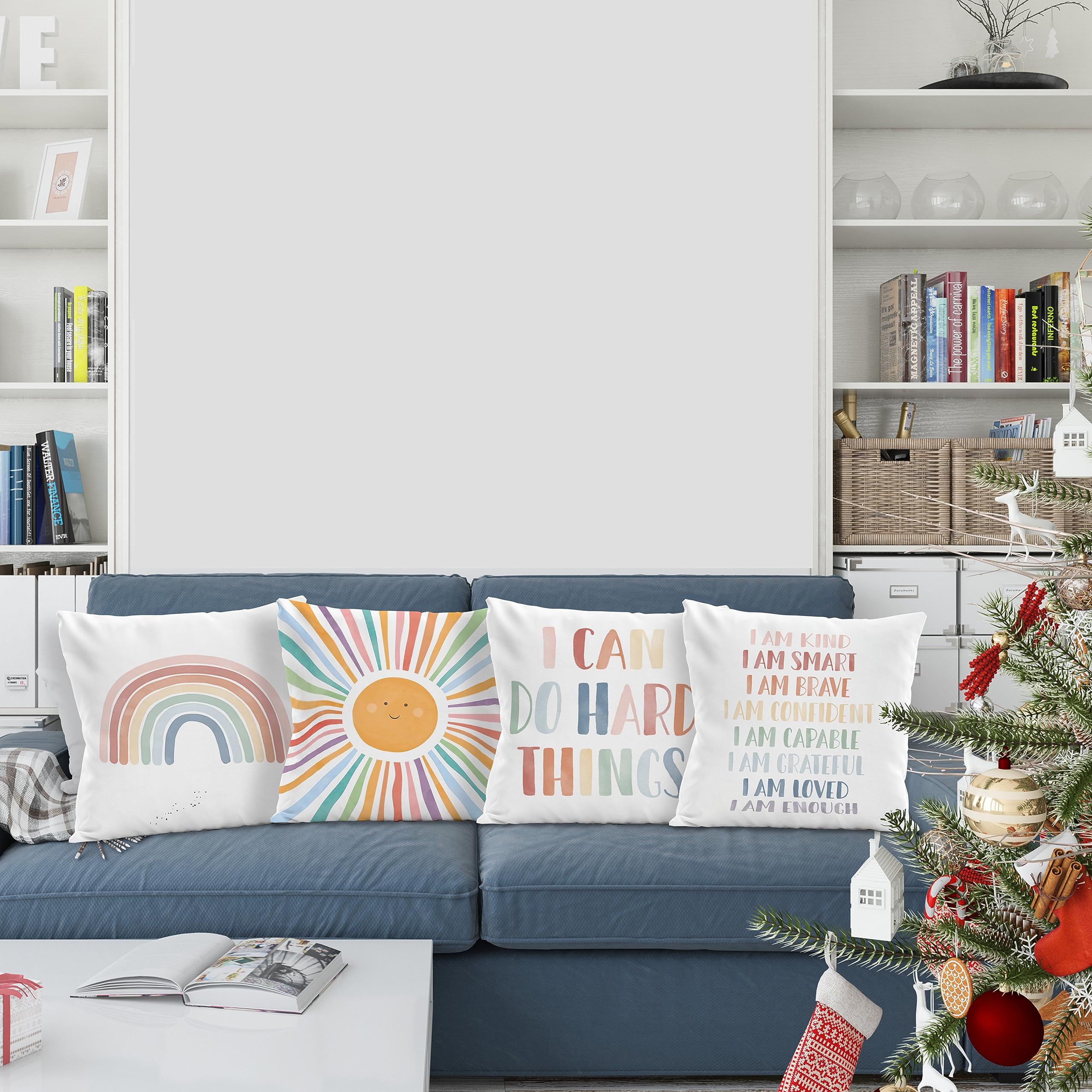 Boho-Kissenbezüge für Kinderzimmer, Sonne, inspirierende Affirmationen, 45,7 x 45,7 cm, 4 Stück, positive Sprüche, dekorative Kissenbezüge, Boho-Sonnen-Kissenbezüge für Kinderzimmer-Dekoration