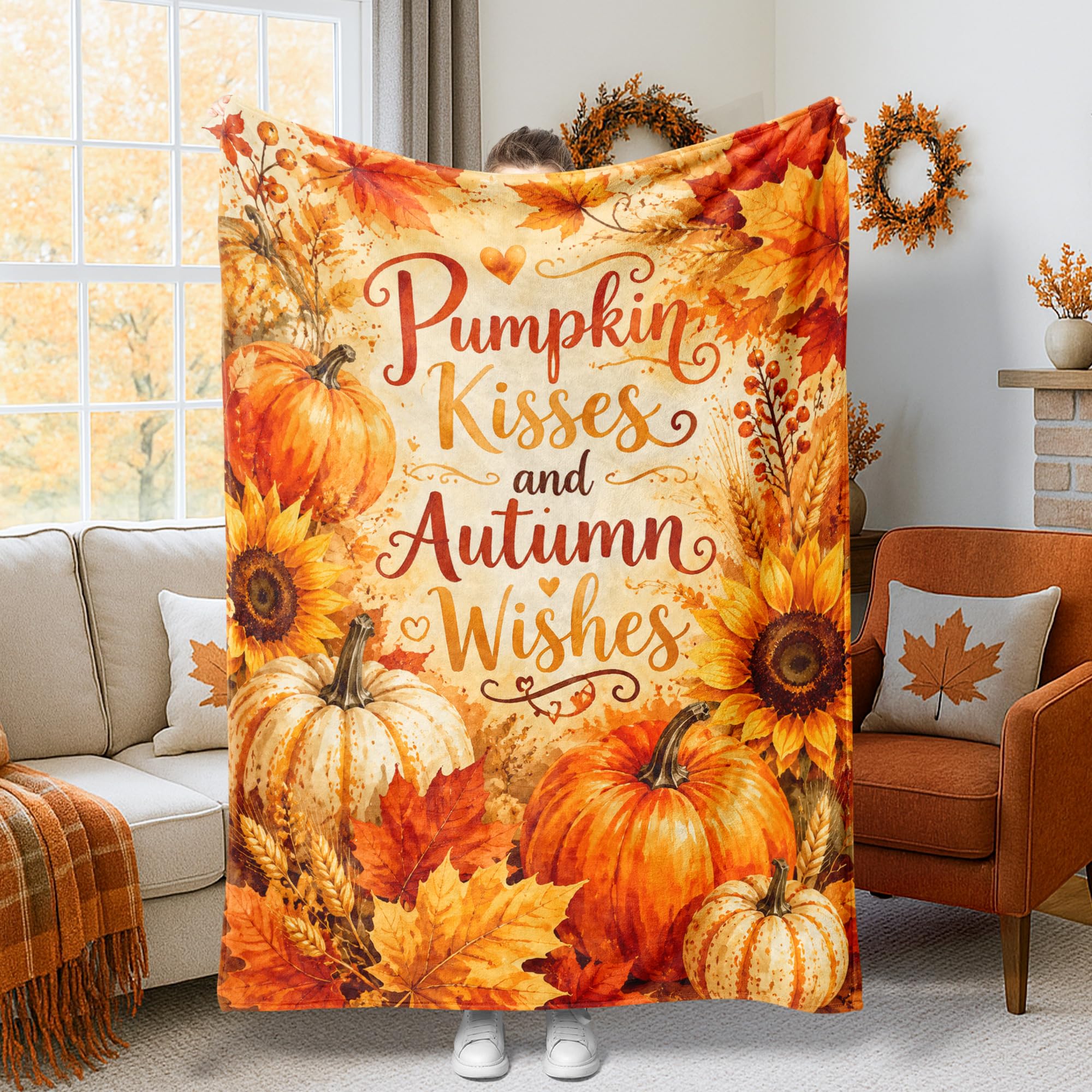 Plaid citrouille rustique pour voiture et canapé jeté de lit automne grand format