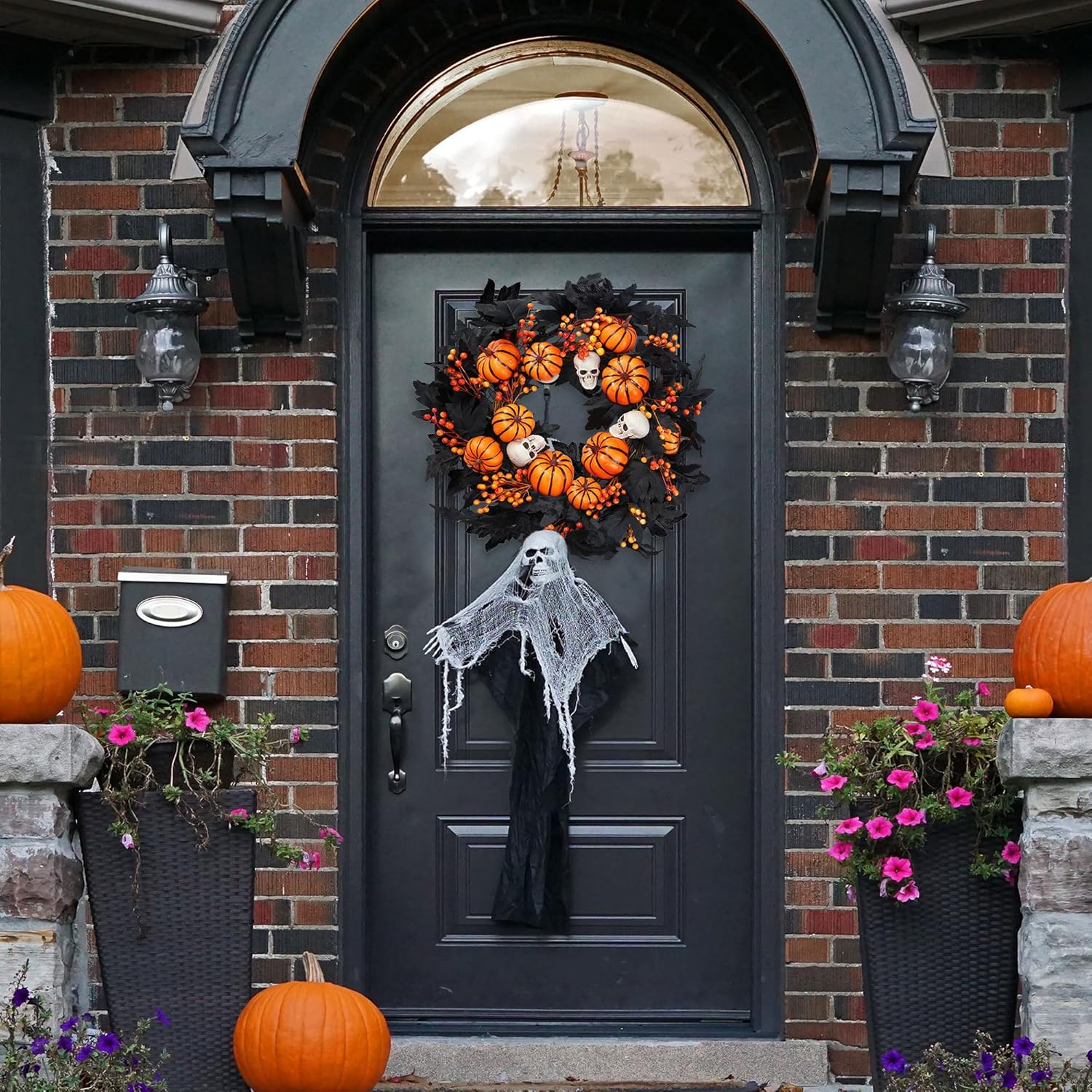Sggvecsy Halloween Wreath with Artificial Pumpkin Handmade Black Maple Leave Skull Pumpkin Orange Berries 20''Front Door Decorations for Indoor Outdoor Home Halloween Festival Decoration