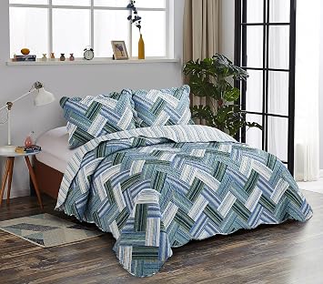 Brilliant Sunshine Teal Stripes Herringbone Patchwork Quilt, Queen Size | Reversible Bedspread, Soft Lightweight Coverlet with Shams, Washable Bedding Set, All Seasons, 90"x90"