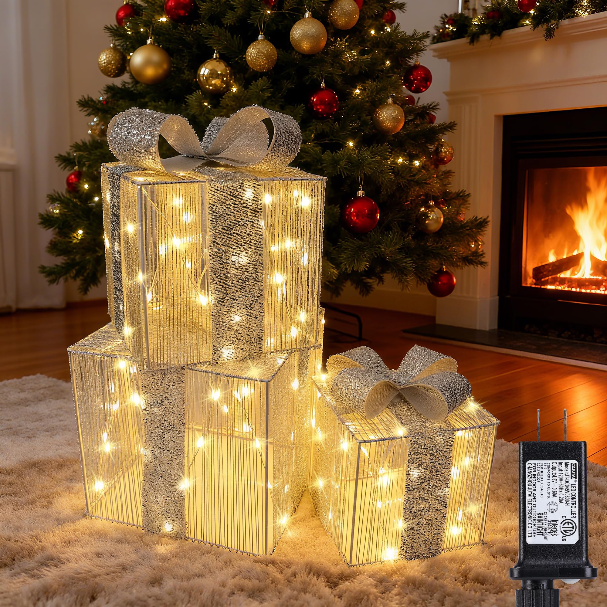 Lomotech Set of 3 Christmas Lighted Gift Boxes - Prel-Lit Gift Boxes with Timer, Lighted Christmas Presents for Xmas Tree, Yard, Holiday, Indoor Christmas Decorations(Silver Bow, Small)