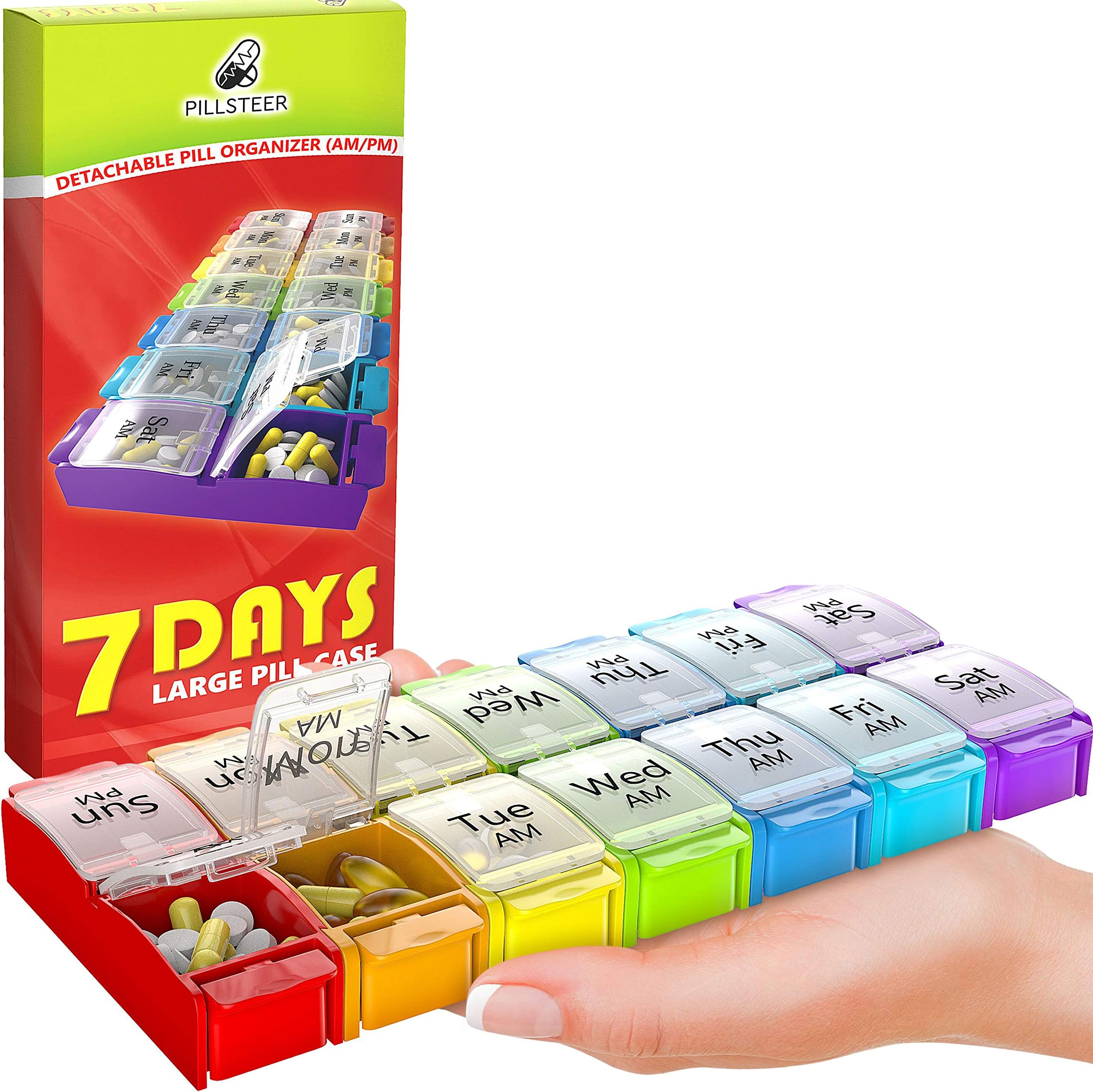 Large Pill Box Organizer Holder - Detachable AM PM Daily Medication Organizer - Weekly Medicine Organizer 2 Times a Day - Vitamin Case Twice a Day