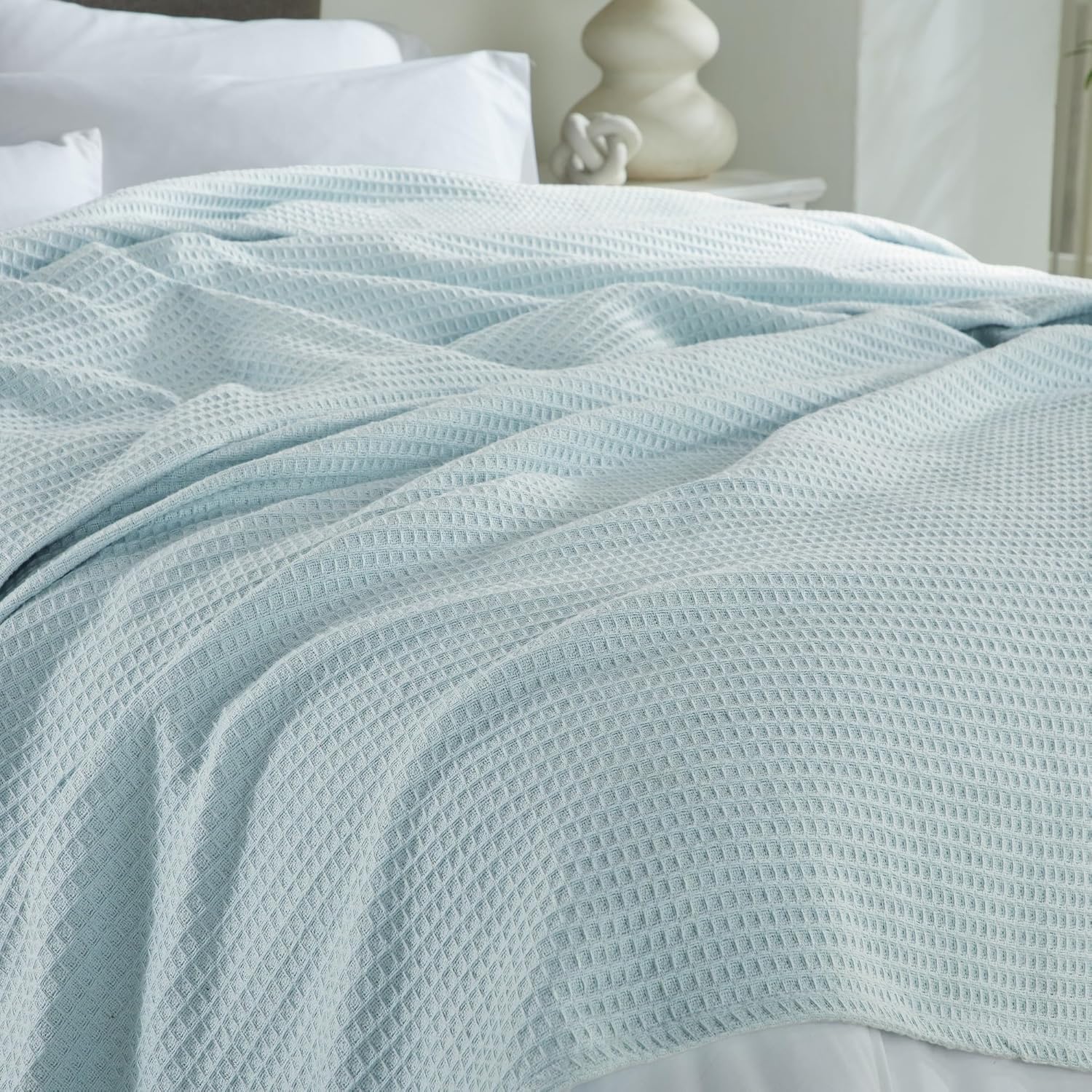 Better Trends 100% Cotton Waffle Weave Throw Blanket for Couch, Bed, Sofa All Season 108"X90" King Blankets Soft Woven Lightweight Breathable Cozy Bedroom Décor Light Blue Janiya Waffle Collection
