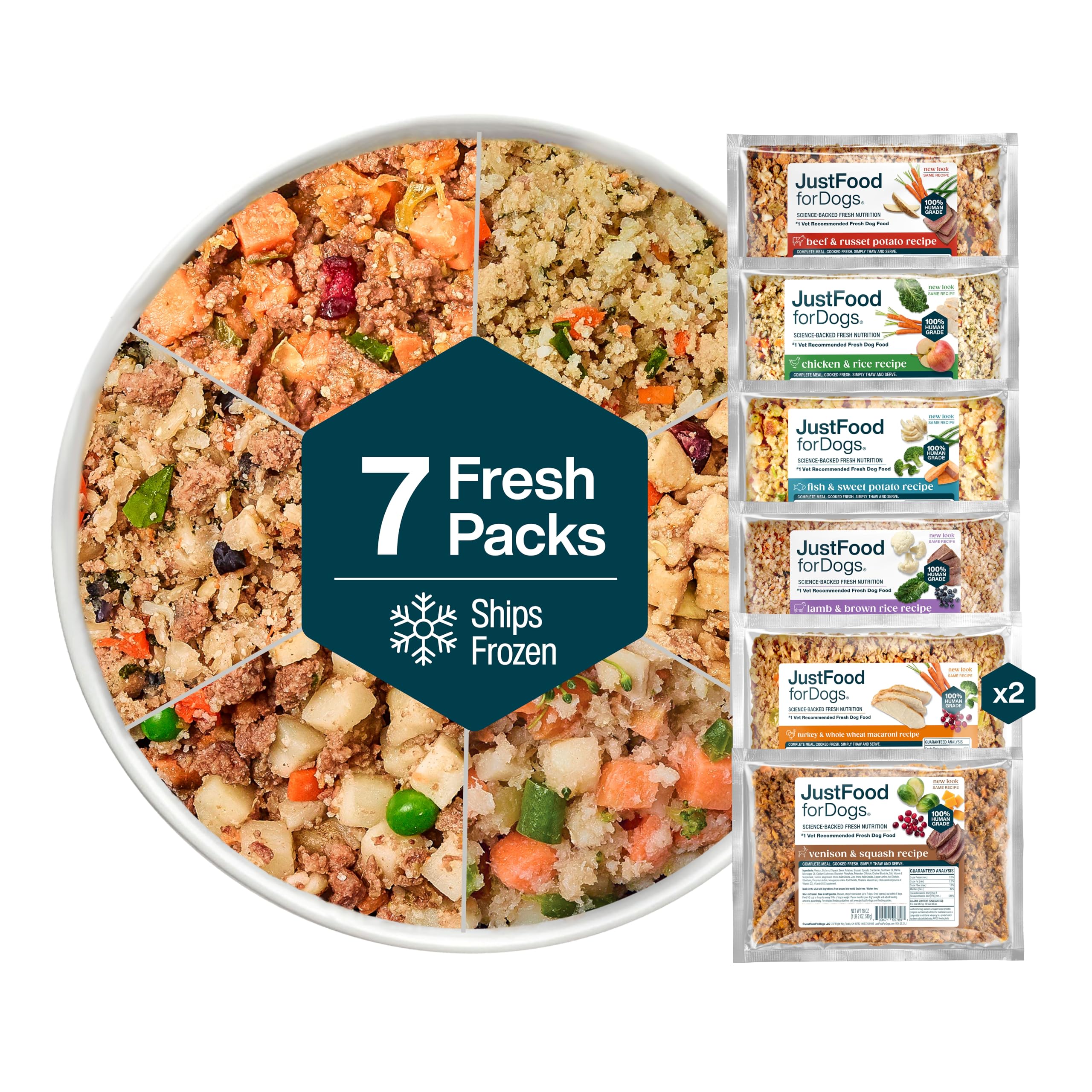 JustFoodForDogs Frozen Fresh Dog Food Sampler Human Grade Variety Box, Complete Meal or Topper, 18 oz (Pack of 7)