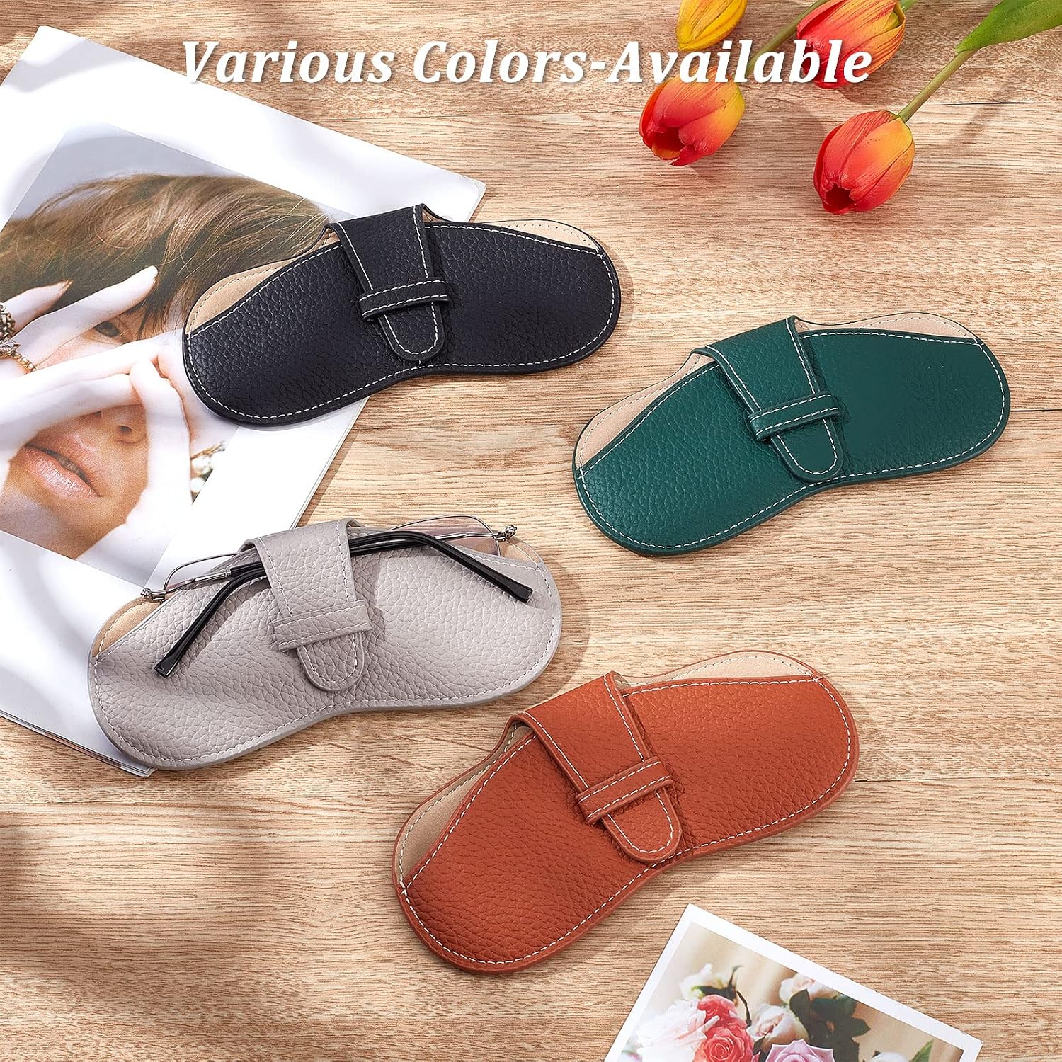 CREATCABIN Leather Glasses Case Slim Squeeze Top Sunglasses Pouch Lightweight Travel Portable Soft Eyeglasses Cover Holder with Suede Fiber Cleaning Cloth for Women Men Gray