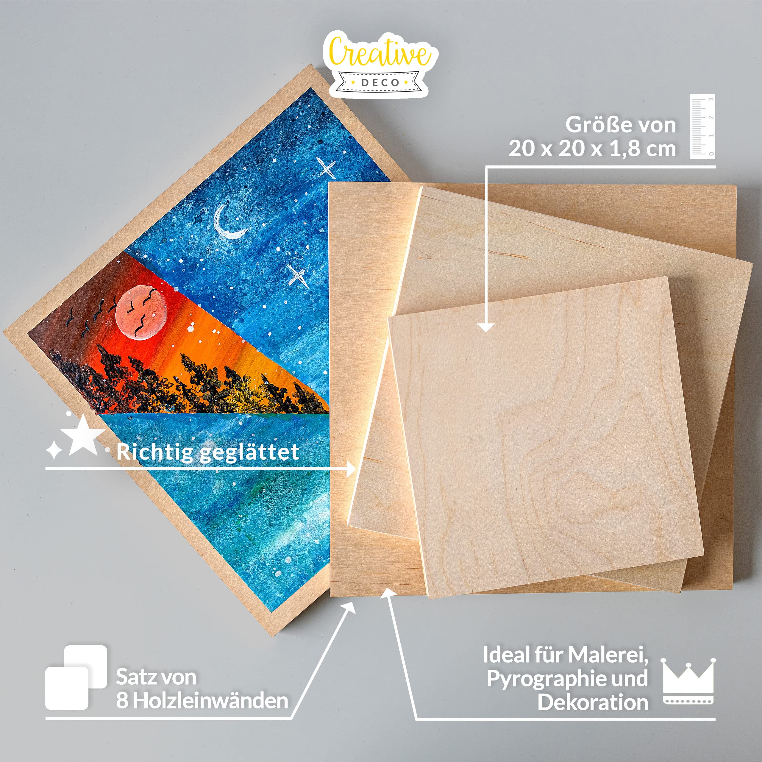 Creative Deco Holz Leinwand zum Bemalen 20 x 20 cm 8er Pack | Set von Holz-Malgründe | 1,7 cm Dicke | Malplatte für Profis und Hobby-Maler | Malunterlagen für Kunstprojekte, Dekoration, Gemälde