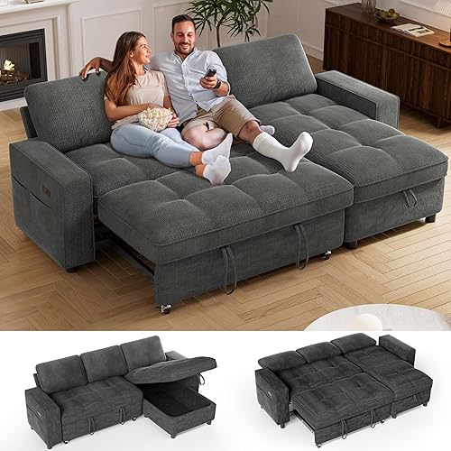 Vipbear 81" Modular Sectional Sleeper Sofa with Pull Out Bed, L Shaped Sleeper Sofa, Pull Out Couch with Reclining Backrest, Reversible Storage Chaise, USB Ports, Tool-Free Assembly, Chenille Grey