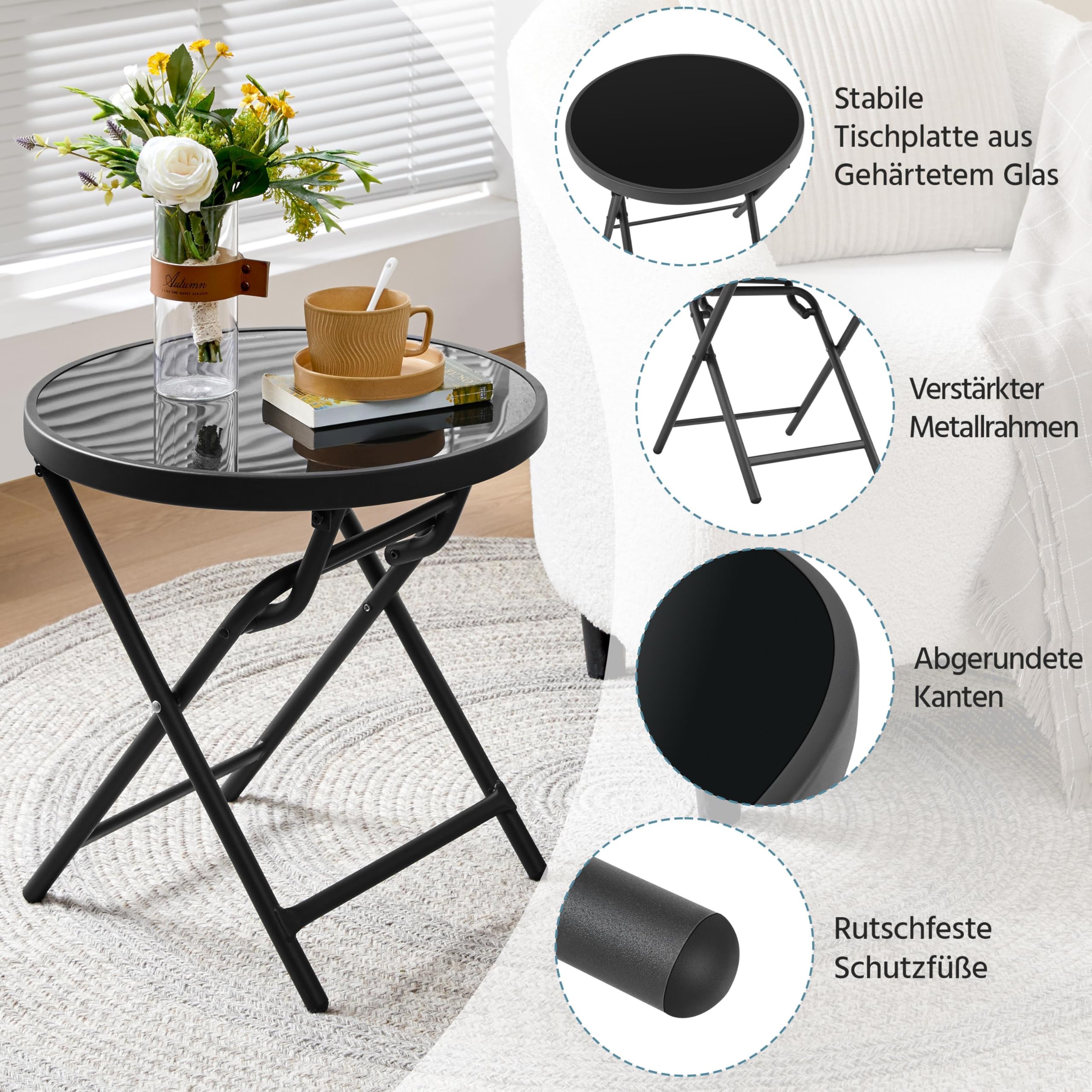 Yaheetech Klappbar Runder Beistelltisch ø46 cm aus Glas & Metall Gartentisch Kaffeetisch Balkontisch wetterfest pflegeleicht für Balkon Garten Terrasse