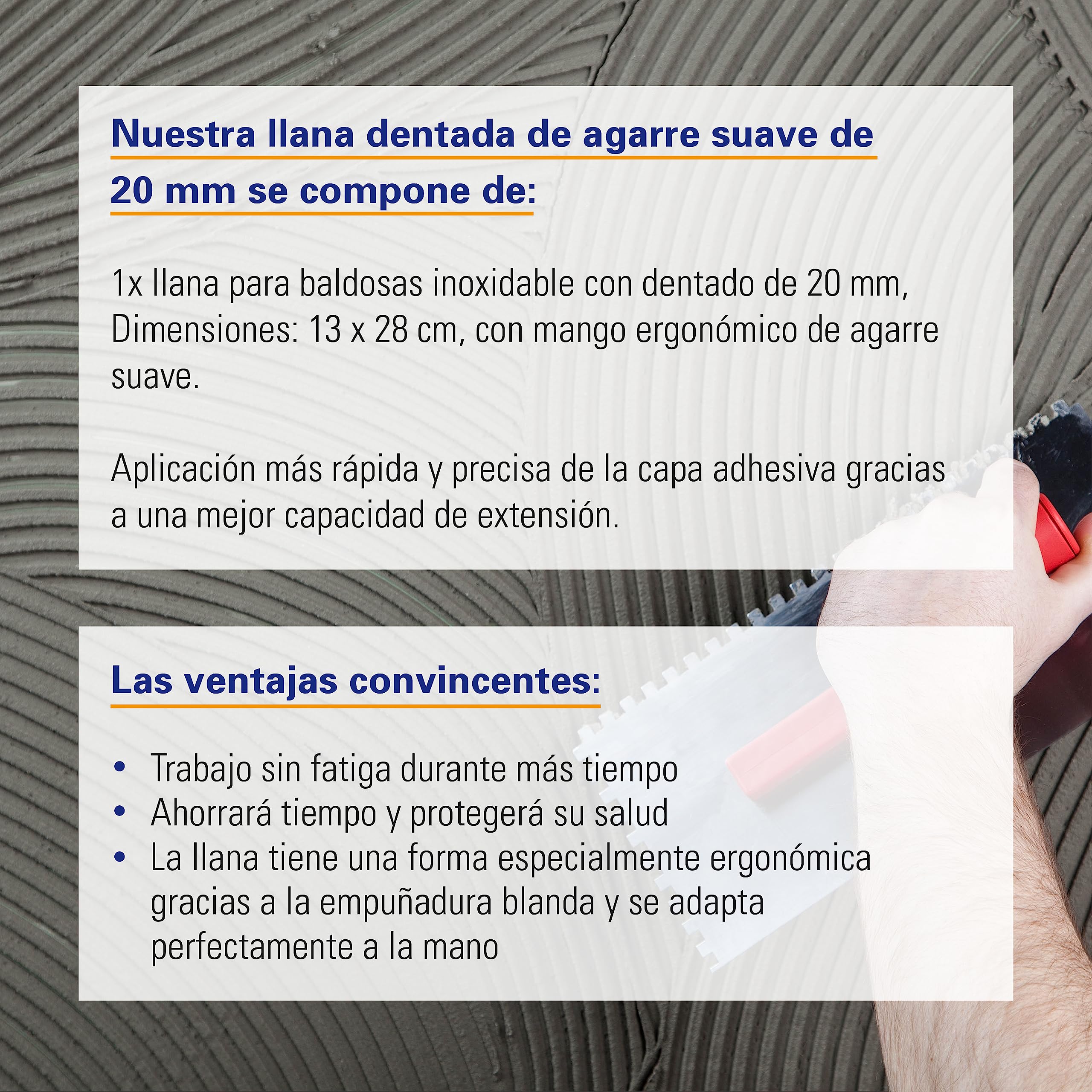 Karl Dahm Llana Dentada de Mango Suave 20mm I Llana para Baldosas Acero Inoxidable con Muescas 20mm I Empuñadura Blanda y Ergonómica para Fácil Aplicación de Adhesivos, Herramienta Profesional – 11653