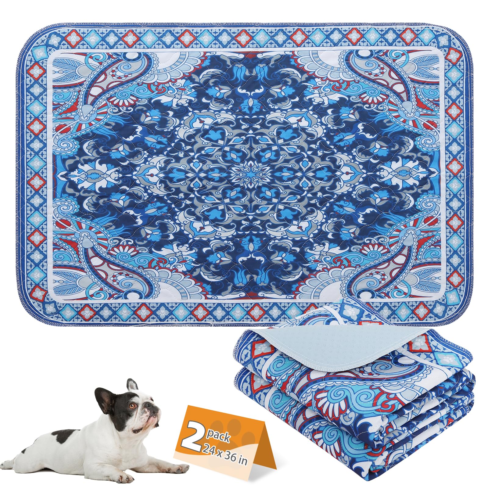 KOOLTAIL Washable Pee Pads for Dogs, 2 Pack Super Absorbent Reusable Puppy Training Pads Waterproof, Nonslip and Leak-Proof Dog Pee Pads, Large Pet Mats Whelping Pads for Floor, Crate, Blue 24"x36"