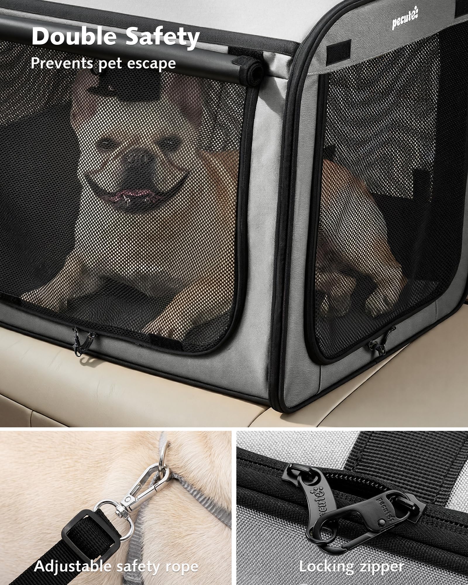 Pecute Trasportino Cani Stabile Leggero, per viaggi e auto, Portatile Con Finestre Traspiranti, Pieghevole Per Animali Domestici, Uso Interno Esterno, 61×45×52 cm, Grigio