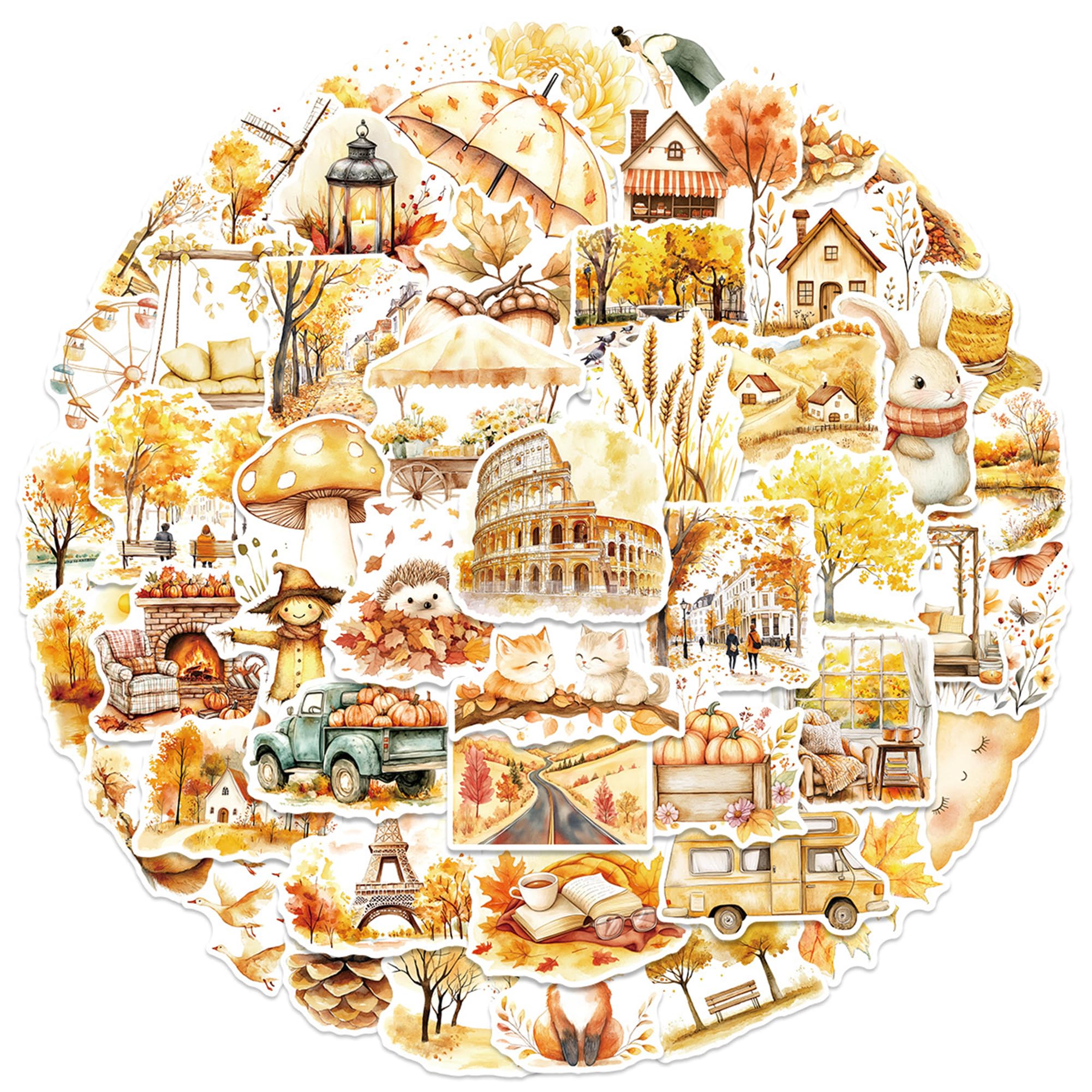 MUYINGZHUO Autumn Stickers, 50PCs Pack, Outdoor Yellow Leaves Trees Stickers for Laptop, Hydro Flask, Water Bottle Phone, Vinyl Decals for Adults,