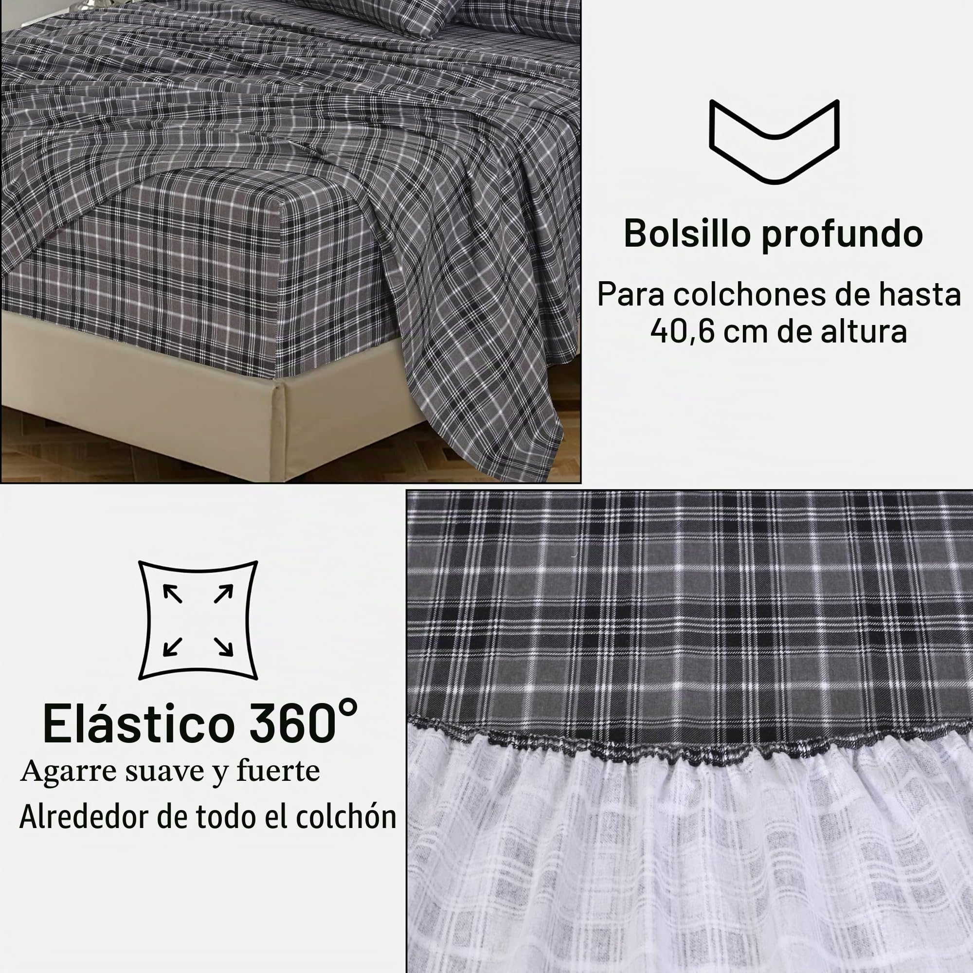 RUVANTI Sábanas de Franela tamaño Queen, 100% algodón, Doble Cepillado, Bolsillos Profundos, 16 Pulgadas, Transpirables, extrasuaves, cálidas y acogedoras, 4 Piezas, Cuadros Grises