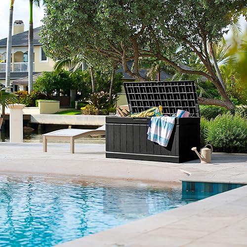 Miniatura 7 de GUNJI Caja de almacenamiento de 83 galones para exteriores, impermeable, grande, de resina, para patio, banco de almacenamiento, contenedor de