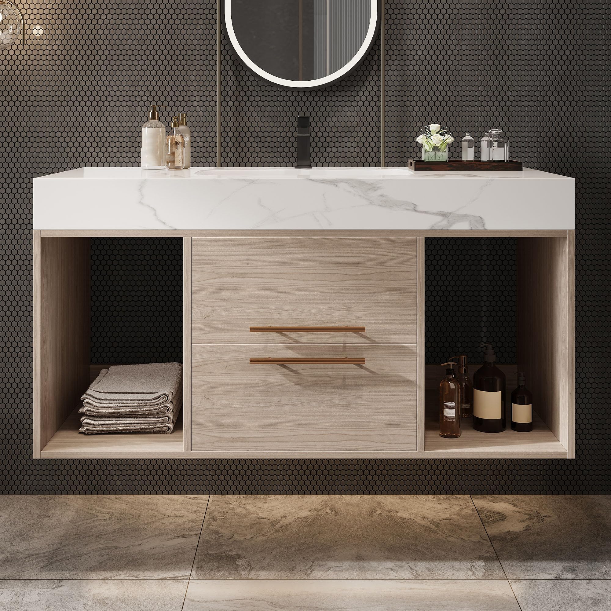 40 inch Bathroom Vanity with Ceramic Sink and Sinter Stone Marble Counter Top Modern Wall Mounted Floating Bathroom Sink Cabinet with 2 Drawers&2 Open Shelves&Gold Metal Handle,Oak