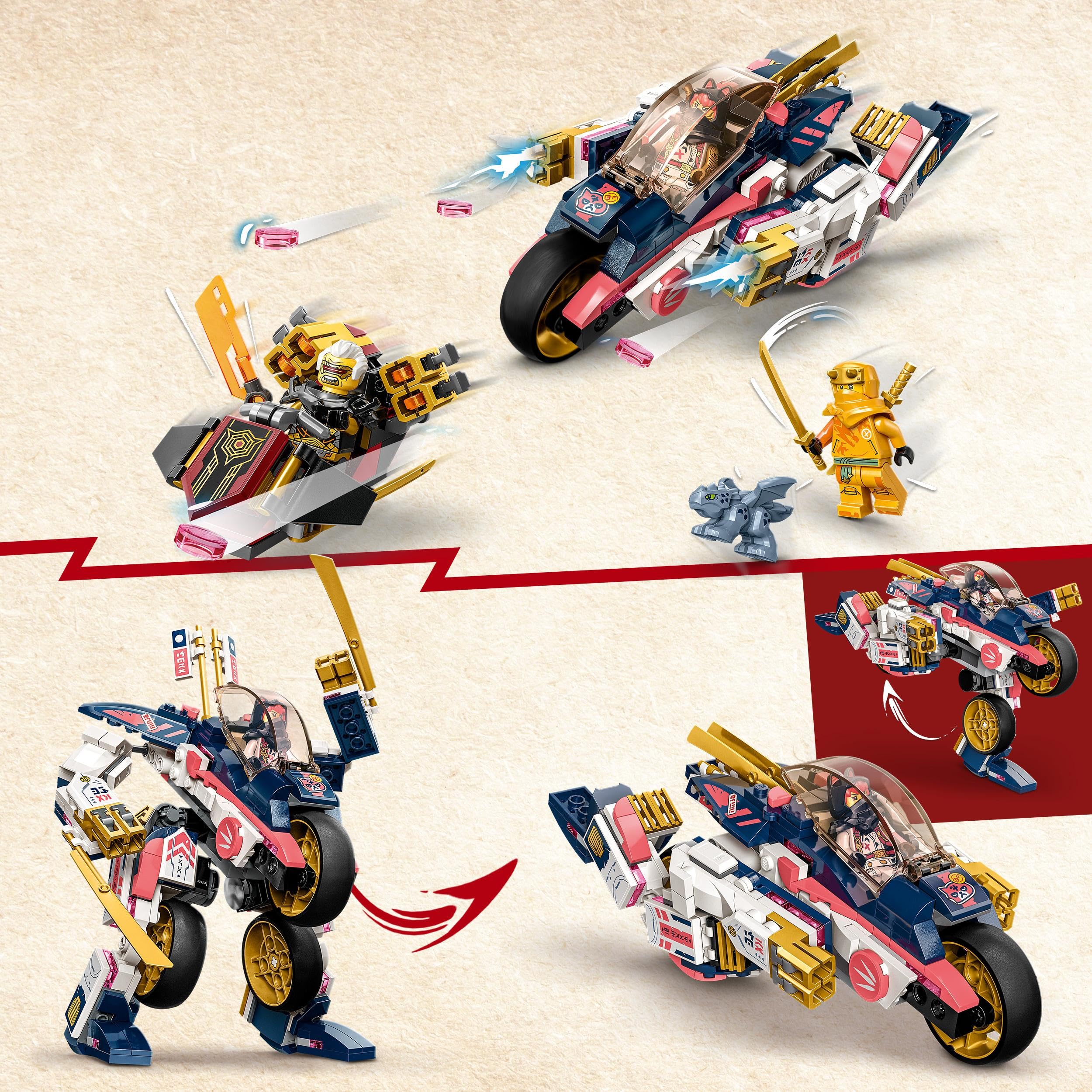 LEGO 71792 NINJAGO Soras transformierender Mech-Bike-Renner, 2in1 Set mit transformierender Mech-Actionfigur, Motorrad-Spielzeug Set mit 3 Minifiguren für Kinder, Jungen und Mädchen
