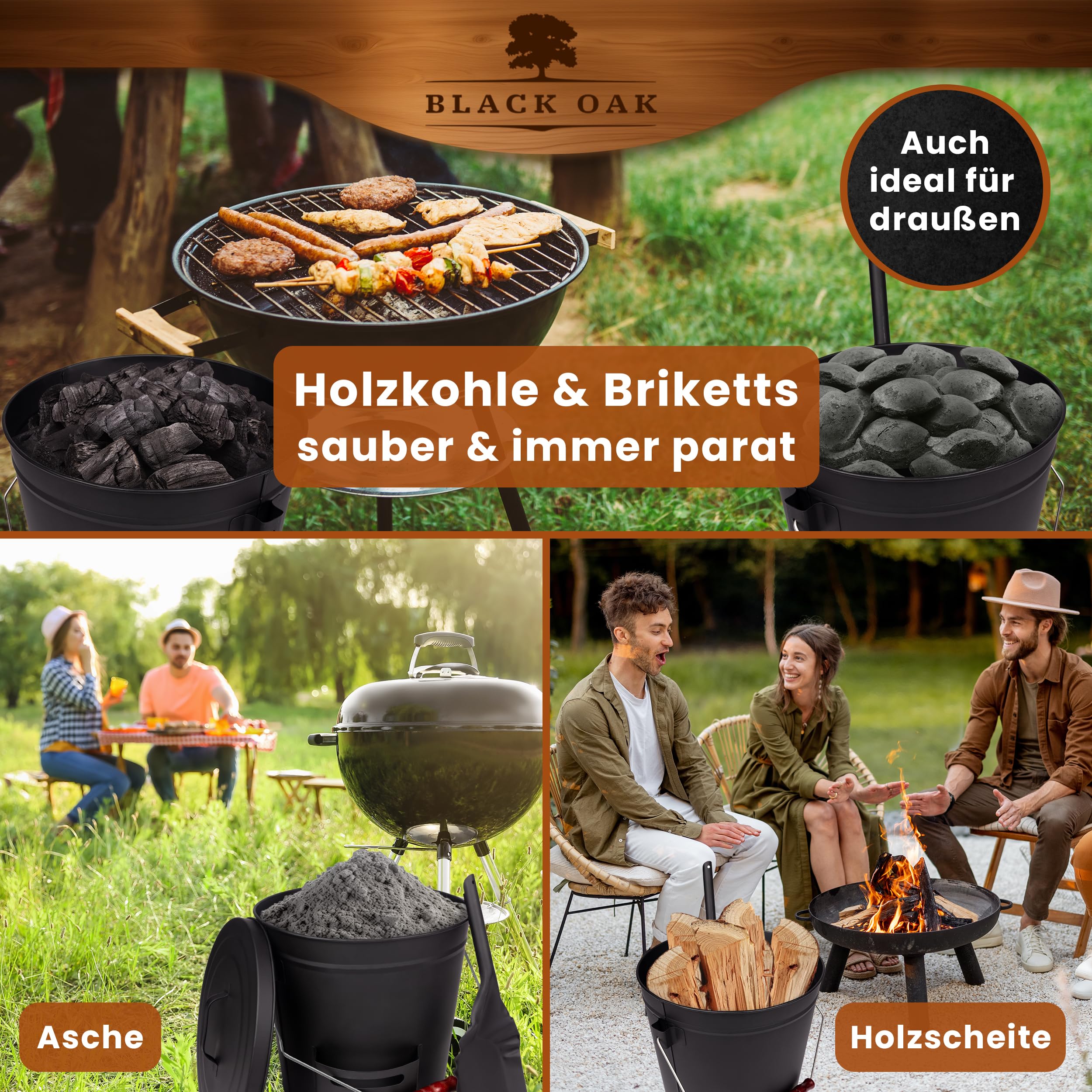 BLACK OAK Ascheeimer Stromboli 20L – schwarz mit Deckel & Schaufel - Bügel Silber - groß 20 Liter Stahl feuerfest verzinkt & pulverbeschichtet Asche & Kohle Eimer Zubehör Kamin Kachelofen Holzofen