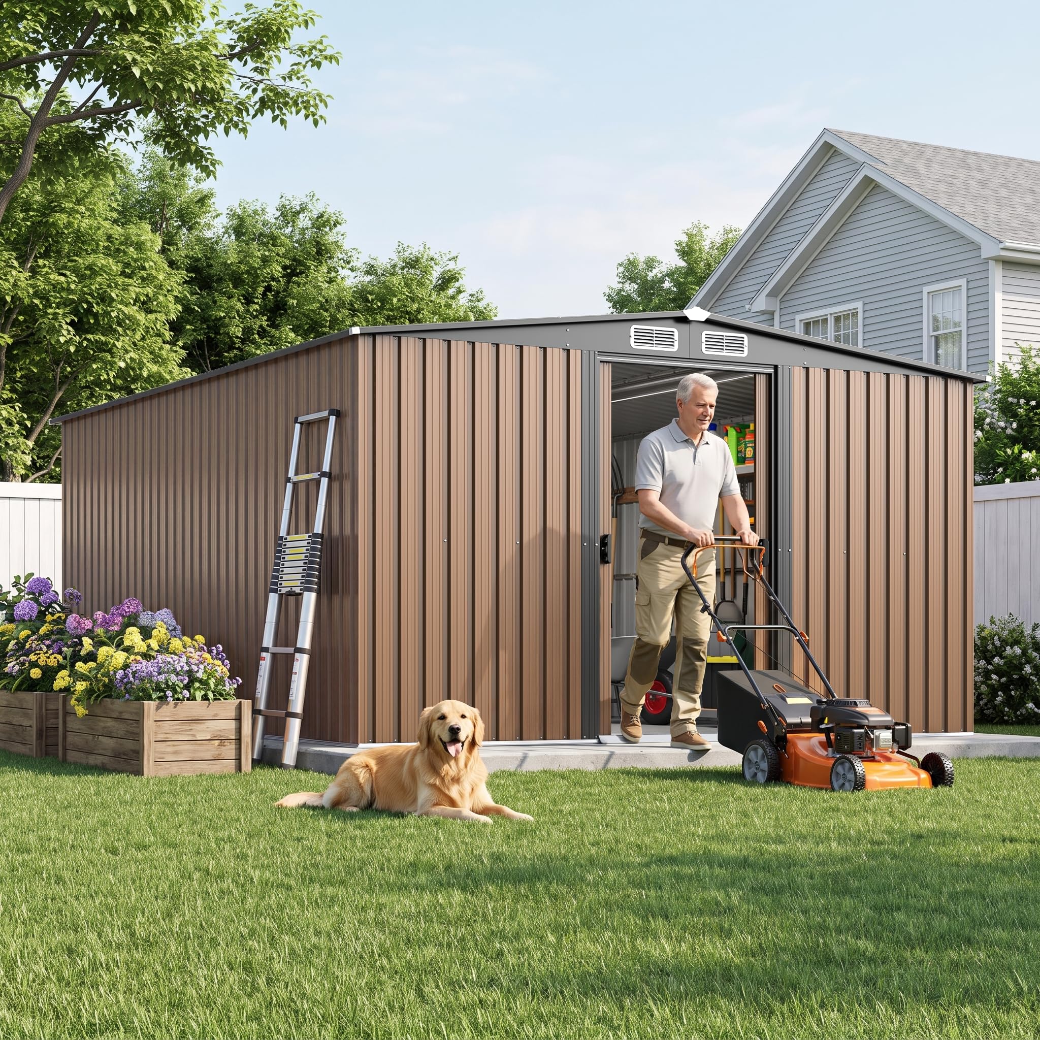 10X12FT Large Outdoor Storage Shed with Lockable Sliding Door