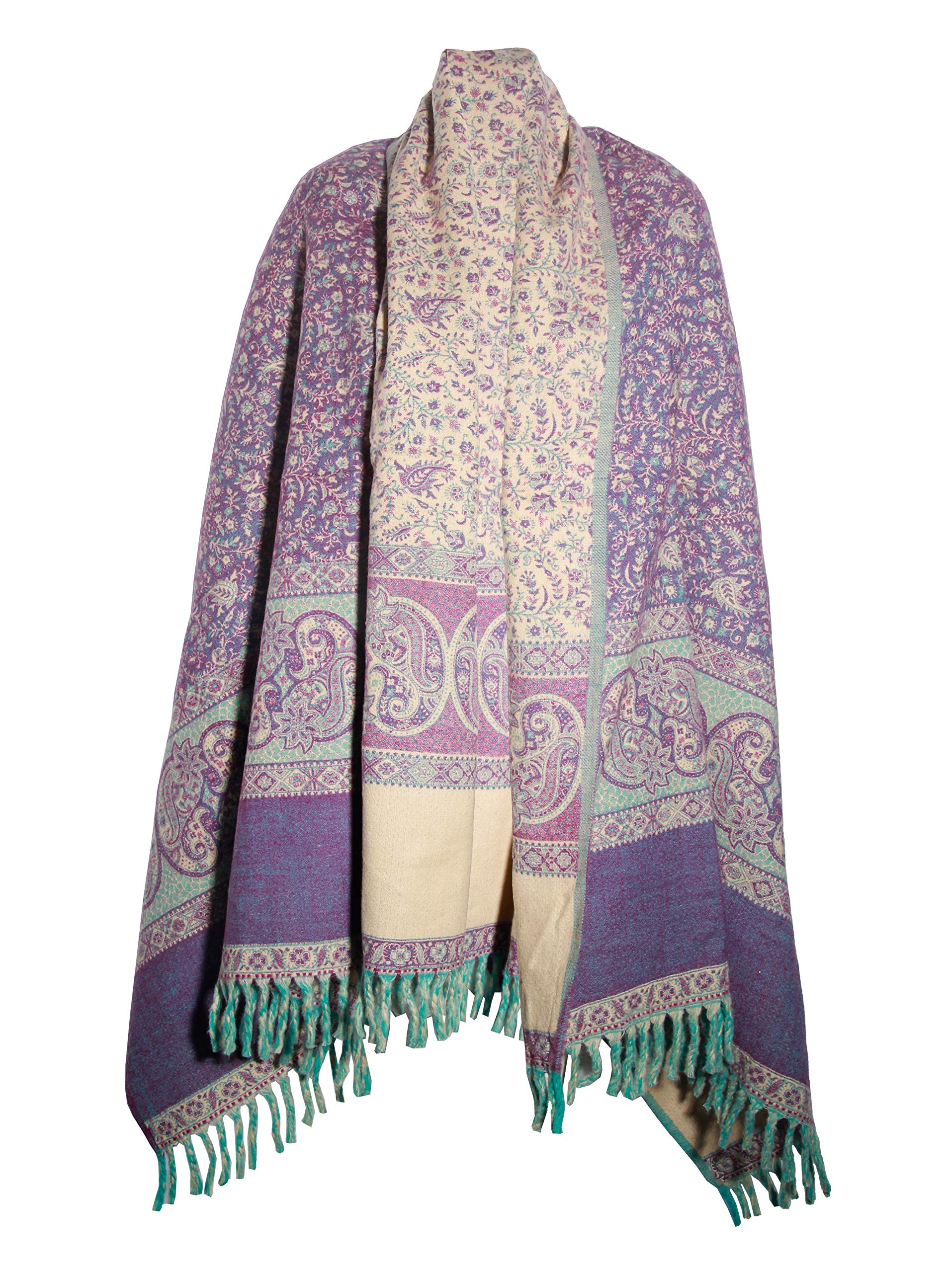 TIBET Paisley-Schal, handgefertigt, reine Yakwolle, doppelseitig, übergroß, Violett / Beige, Lila Beige, One size