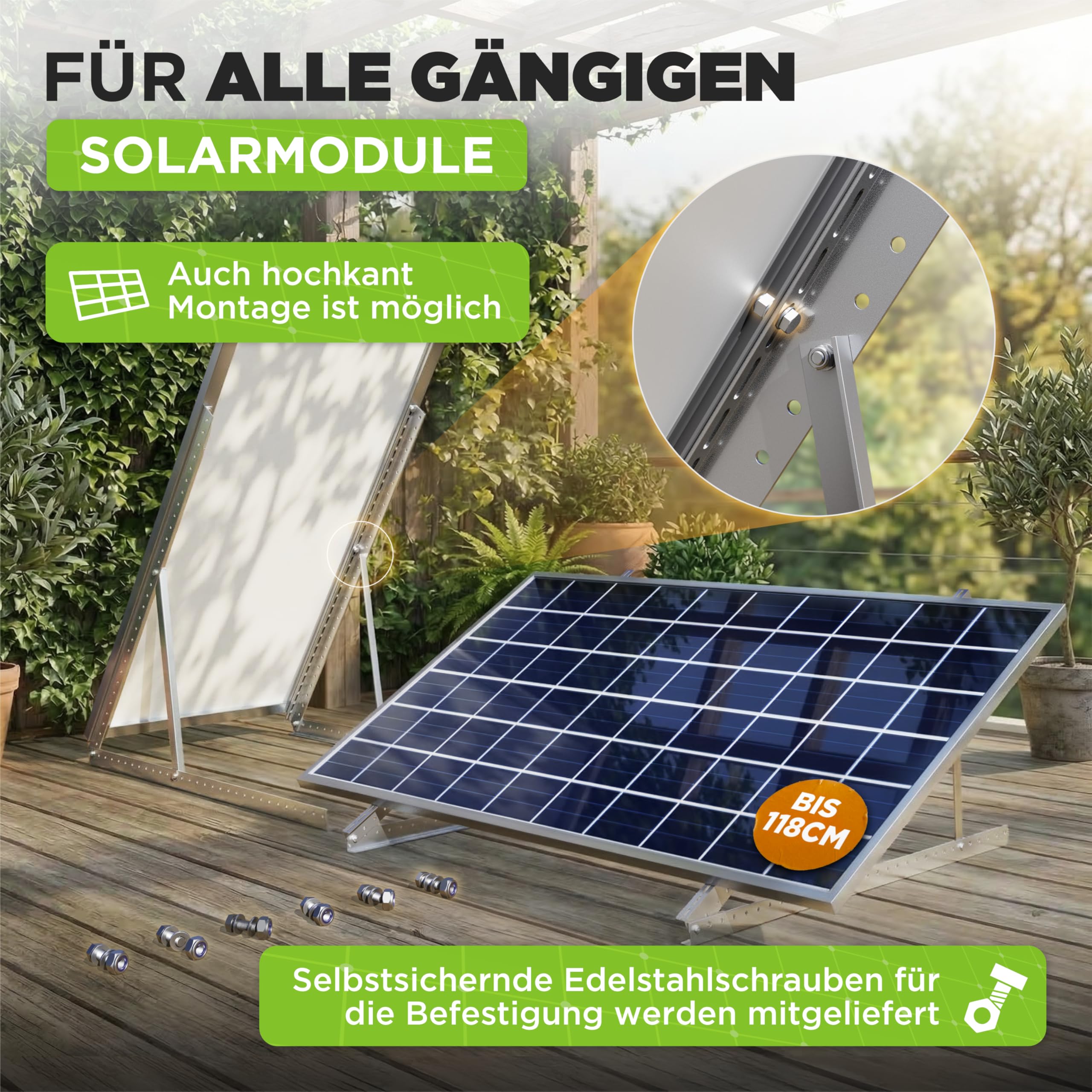 Drei Eichen - 4x Balkonkraftwerk Halterung.118cm stabiles 3mm Aluminiumprofil mit hochwertigen Edelstahl Schrauben für 2x Solarmodul Halterung. Befestigung für PV-Module Halterung Solarmodul 0% MwSt
