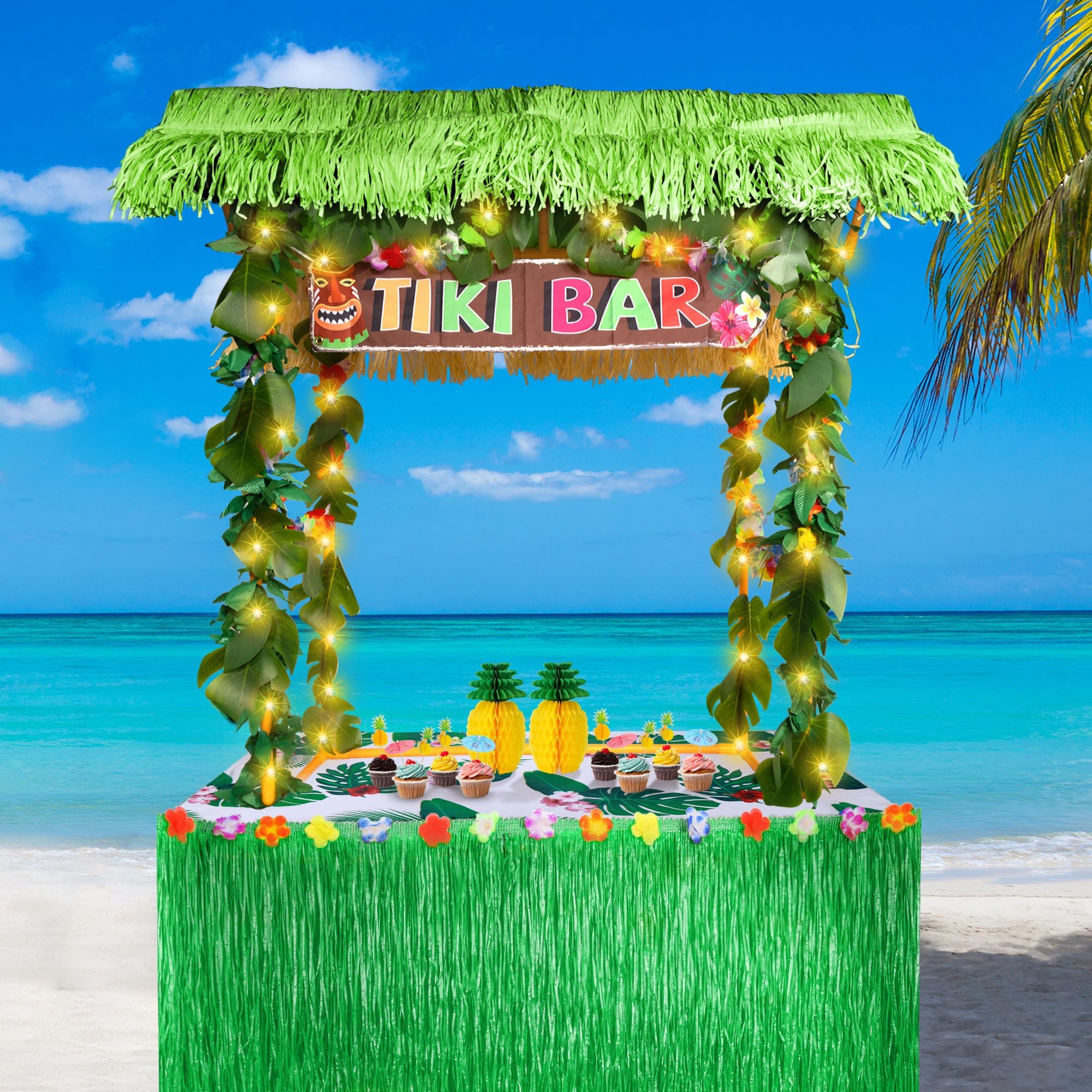 124PCS Tiki Bar Hut Kit, Portable Outdoor Tiki Bar Decor with Grass Table Skirt, Tablecloth, Flower Garland, and LED Lights for Hawaiian Luau Tropical Aloha Theme Party Decoration
