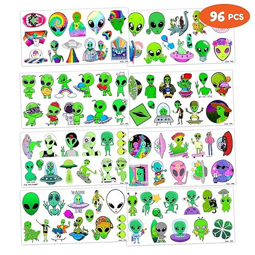Miniatura 4 de 96 piezas de tatuajes temporales de alienígenas con temática de decoración de fiesta de cumpleaños, suministros de decoración divertida, calcomanías