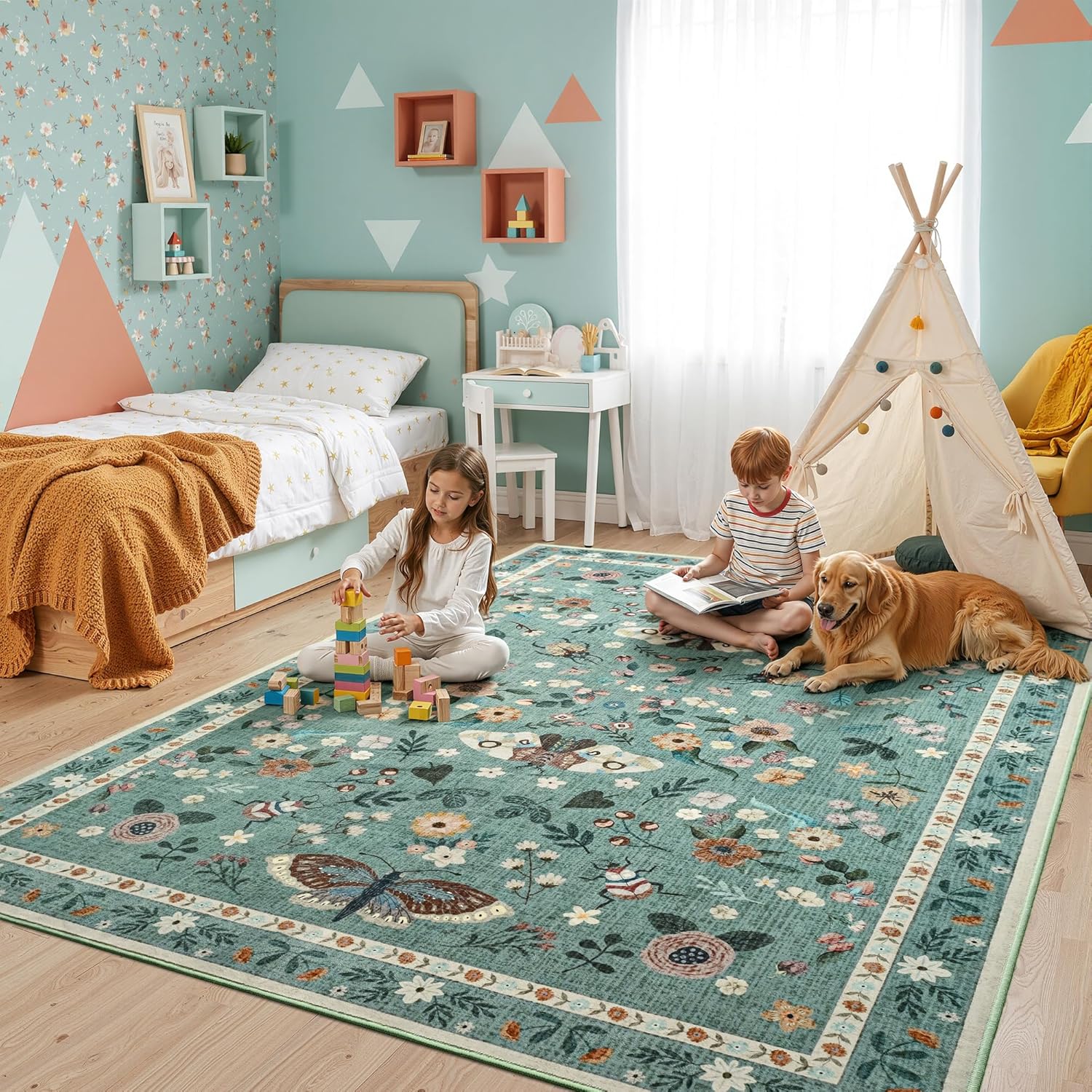 Foxmas Washable Area Rugs for Living Room, 6x9 Non-Slip Butterfly Floral Print Throw Rug, Low Pile Modern Indoor Floor Rug, Carpet for Bedroom Dining Room Laundry Room Kitchen Home Office，Light Green