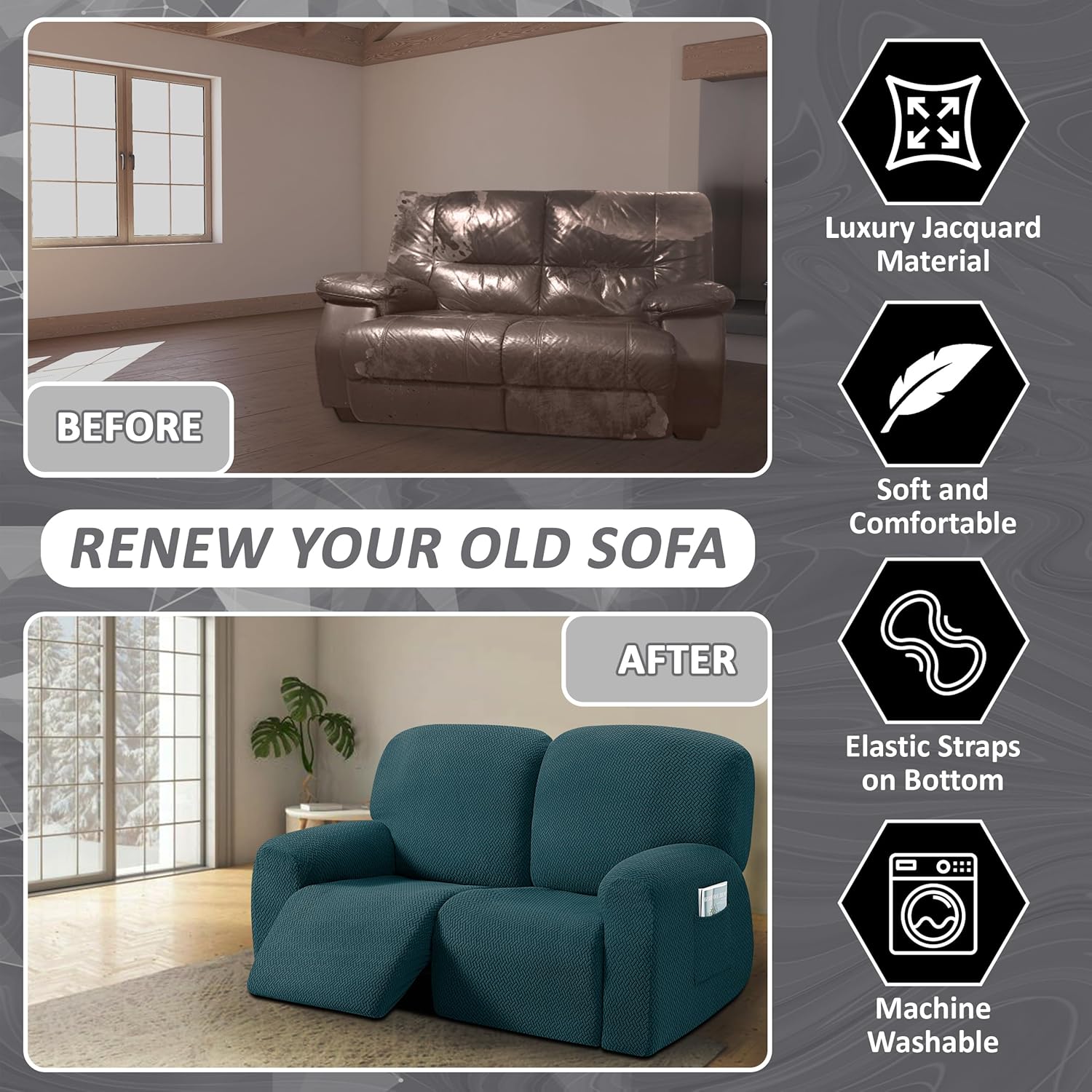 ULTICOR Reclining Loveseat Slipcover, 48" - 65" L, 6-Piece Jacquared Stretch Loveseat Reclining Sofa Covers, 2 seat Loveseat Recliner Cover, Thick, Soft, Washable (Style 3) (Deep Teal)